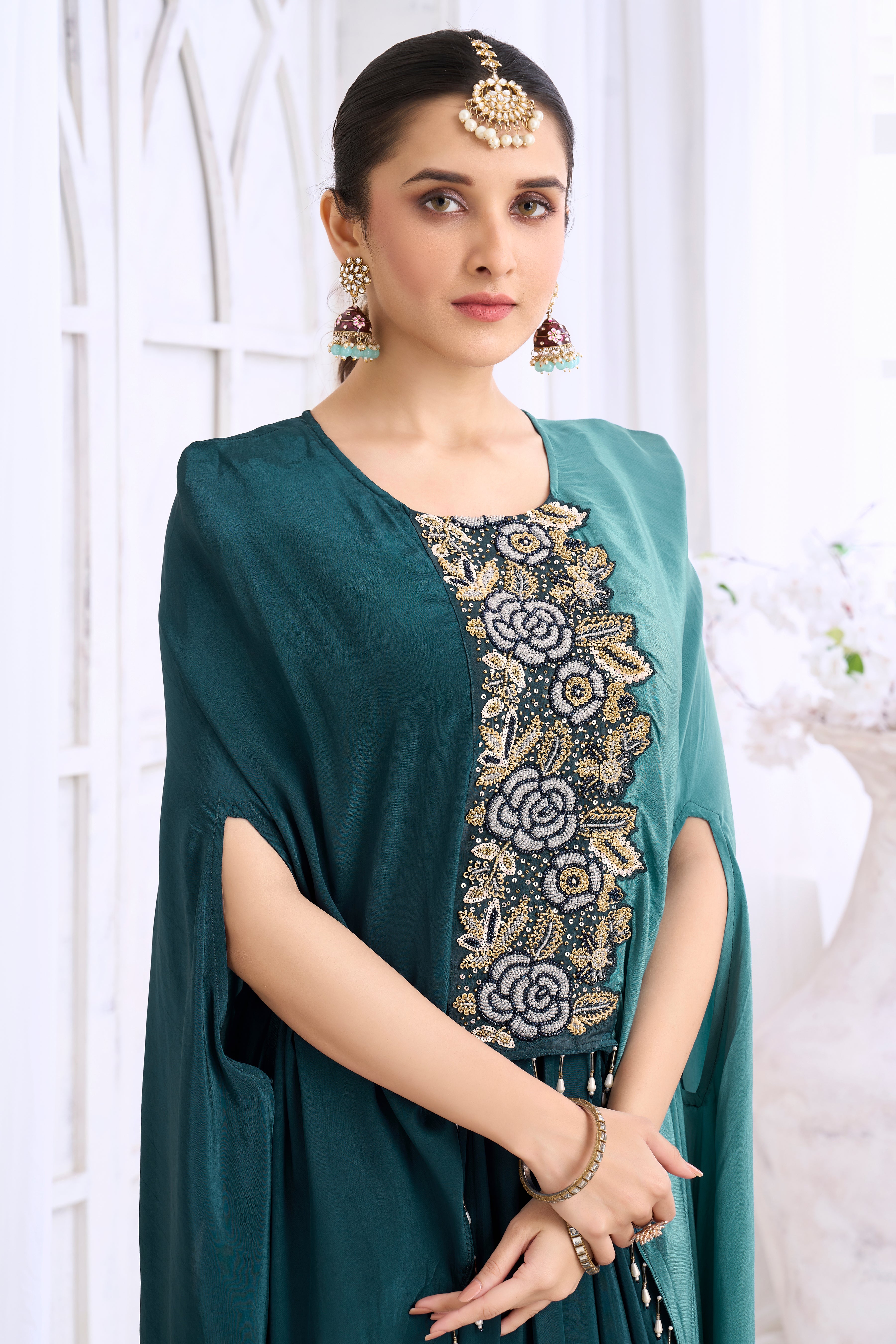 Teal Embellished Crepe Silk Kaftan Set