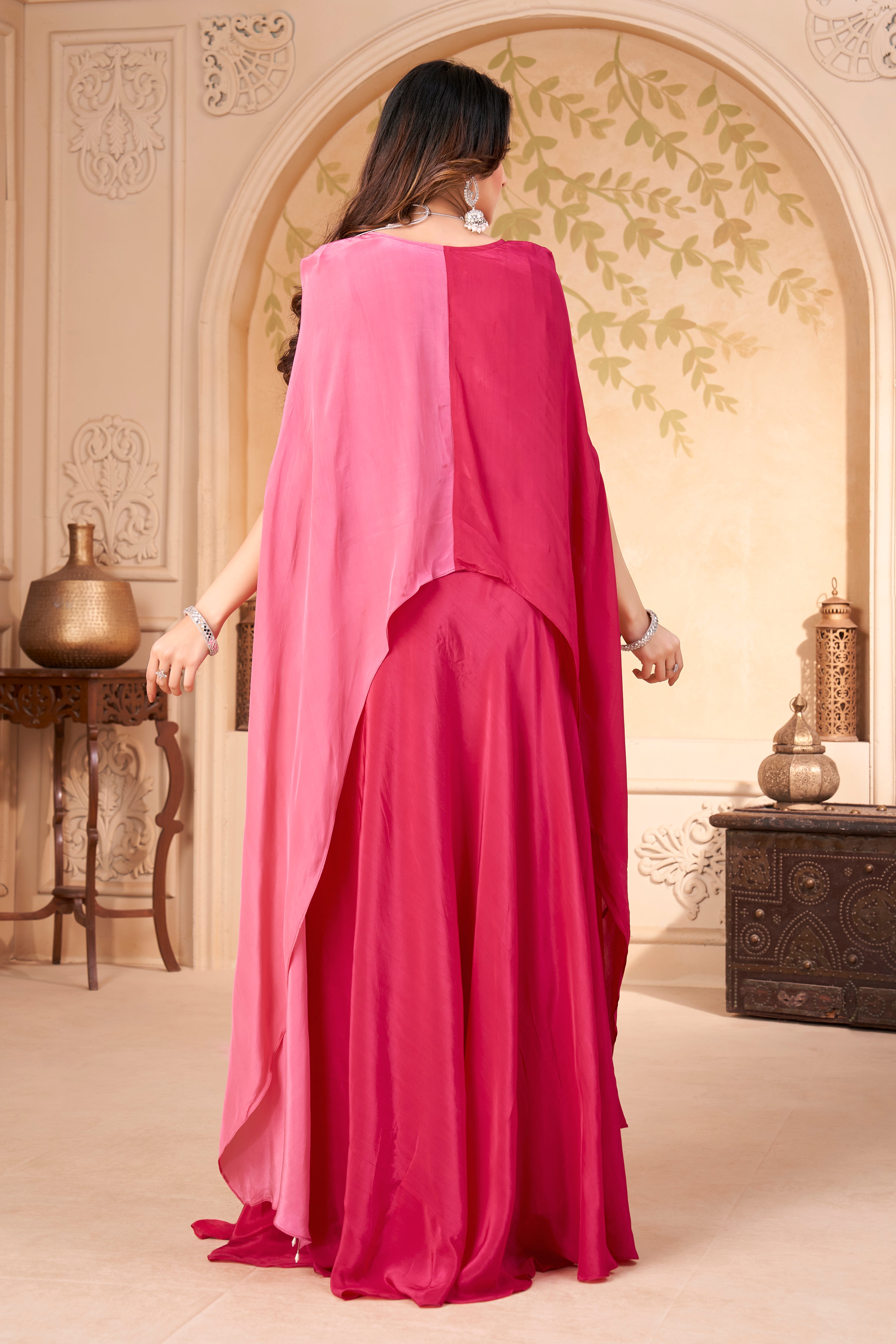 Cerise Embellished Crepe Silk Kaftan Set