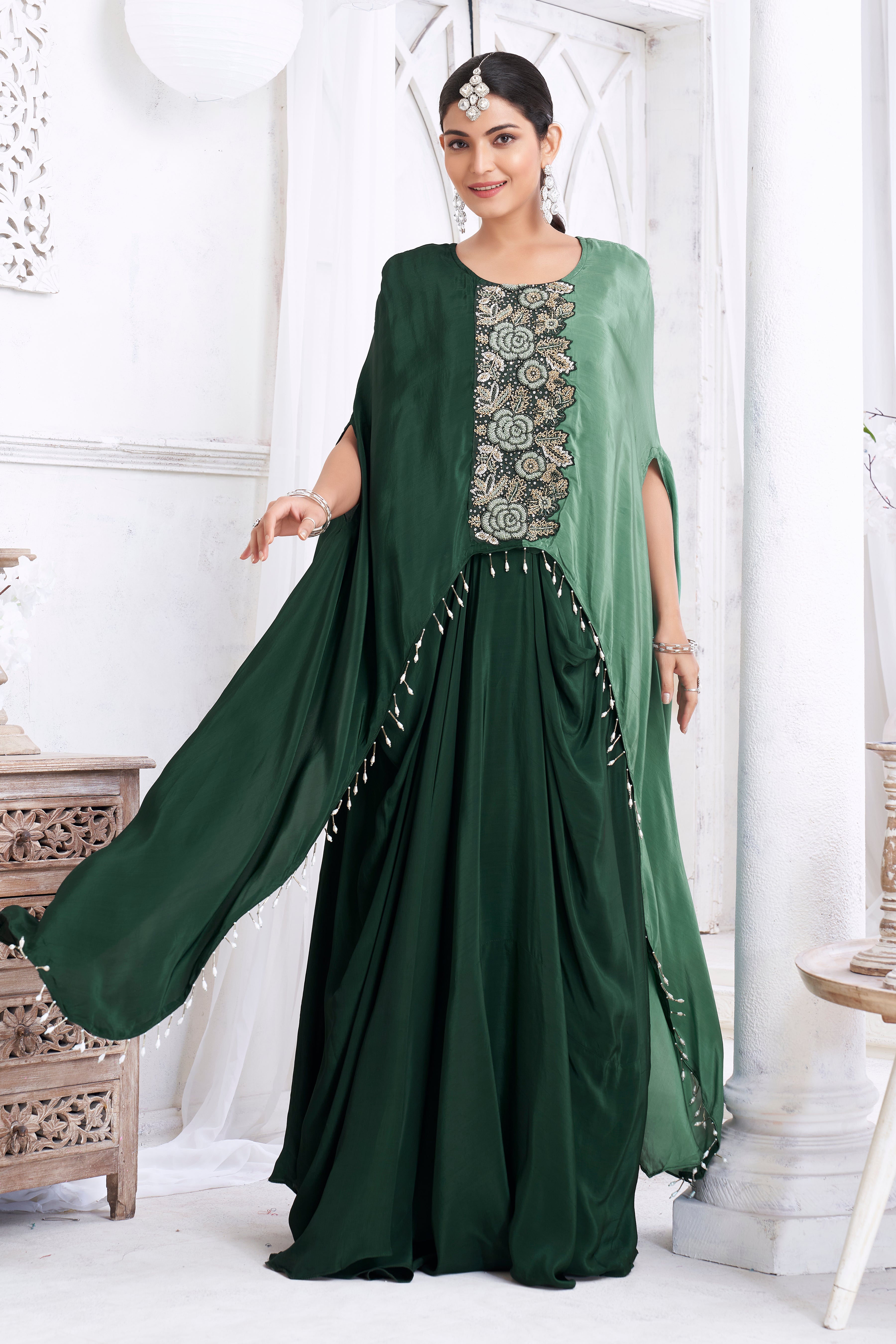 Forest Green Embellished Crepe Silk Kaftan Set