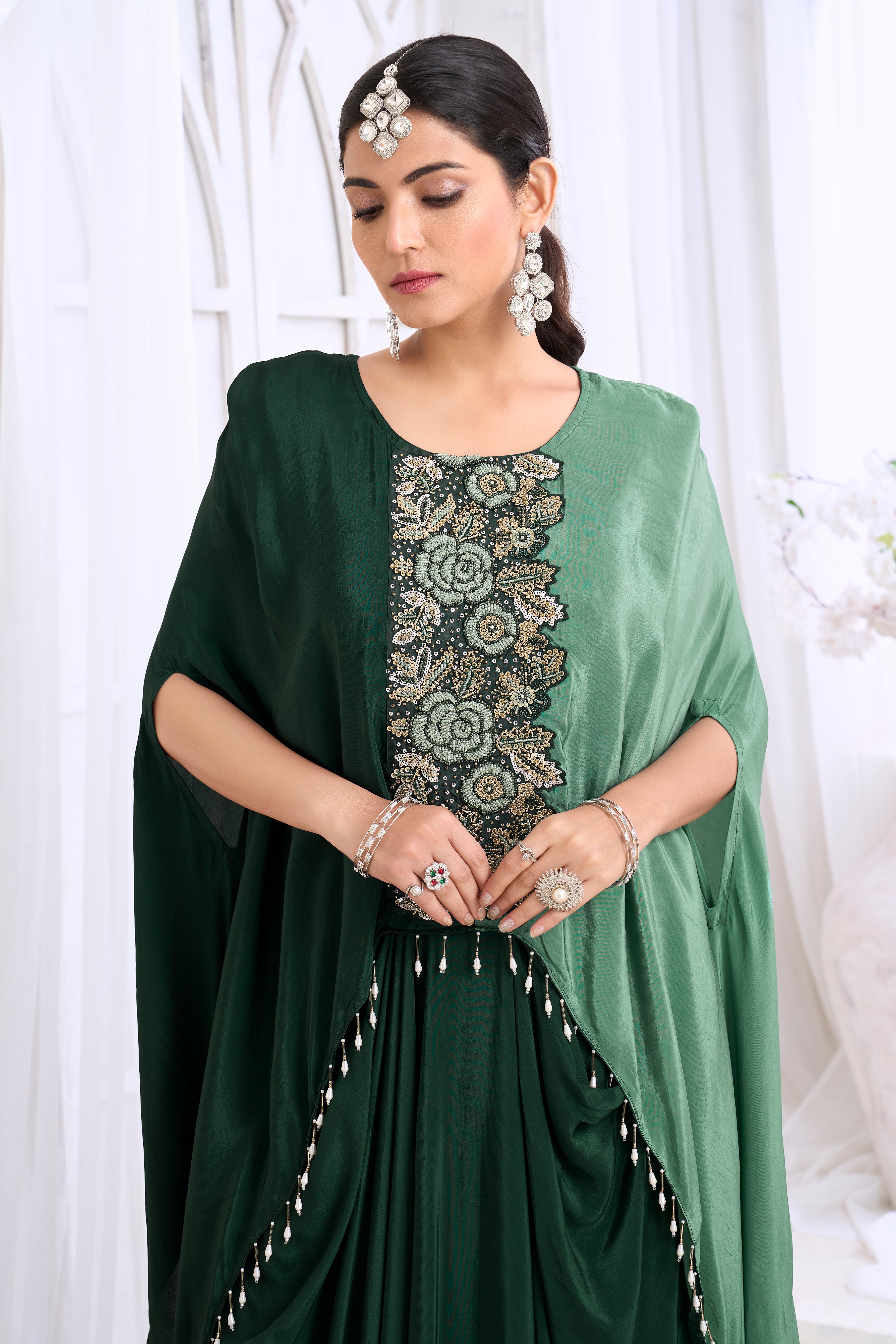 Forest Green Embellished Crepe Silk Kaftan Set