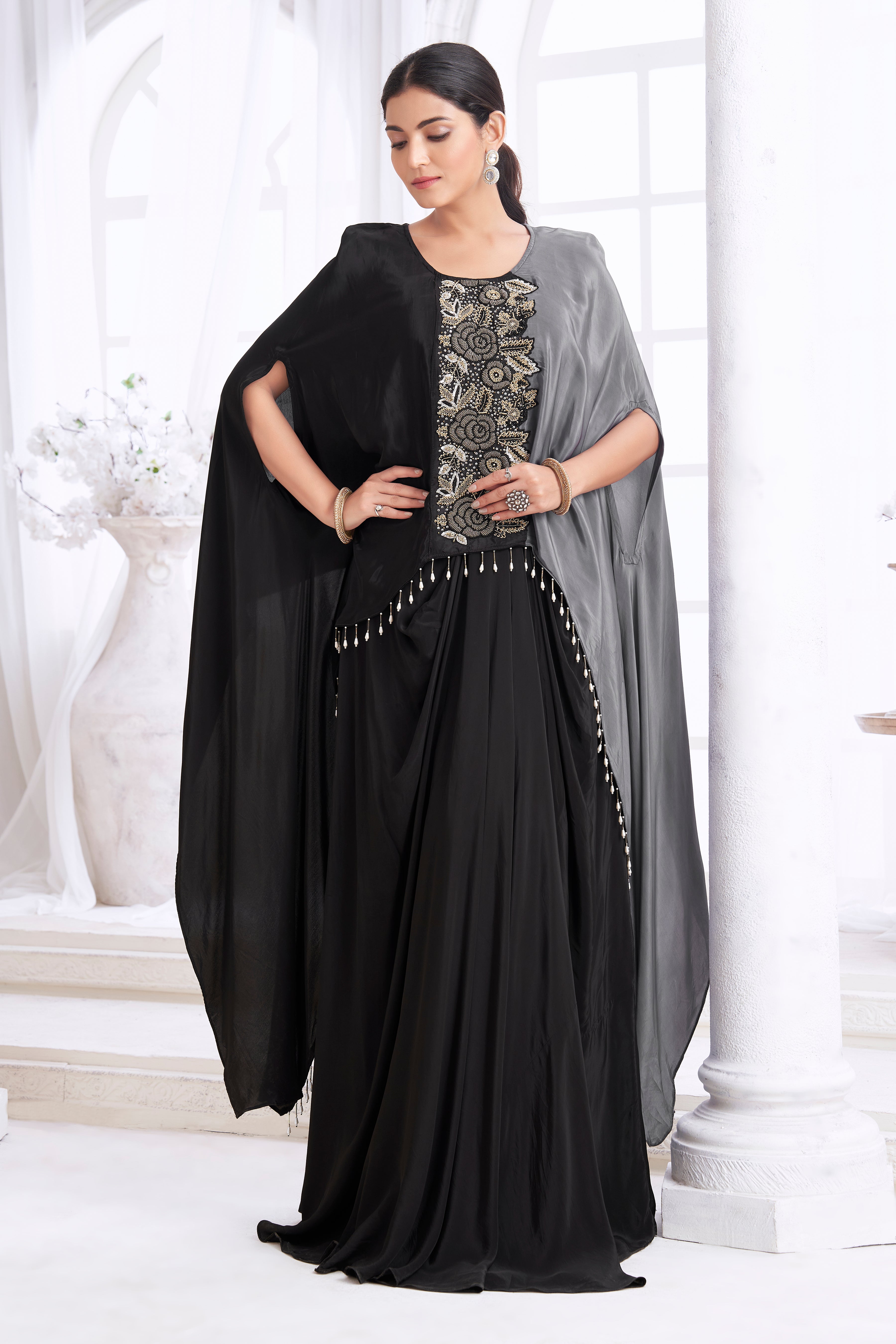 Onyx Embellished Crepe Silk Kaftan Set