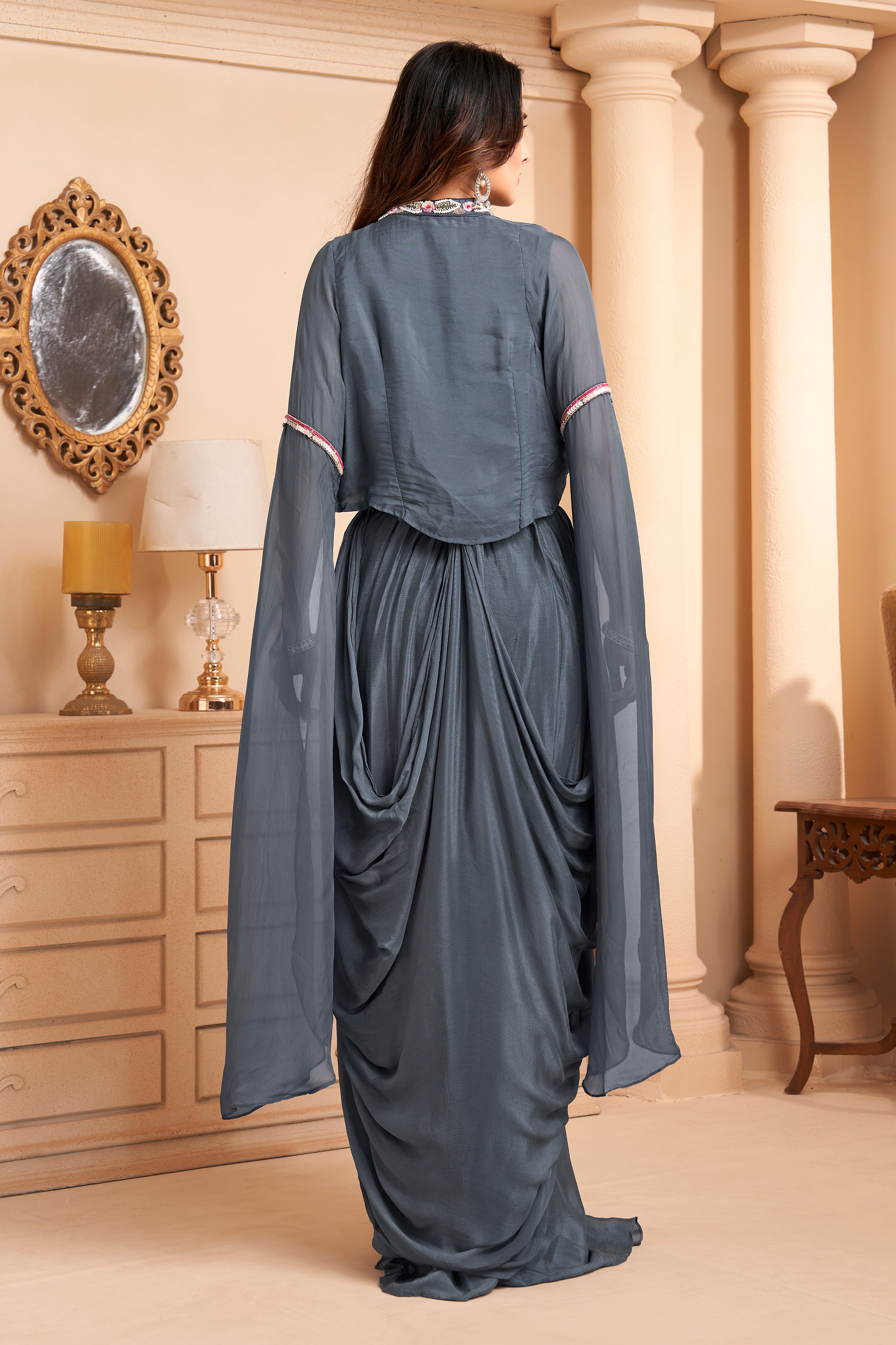 Slate Grey Embellished Crepe Silk Skirt Set