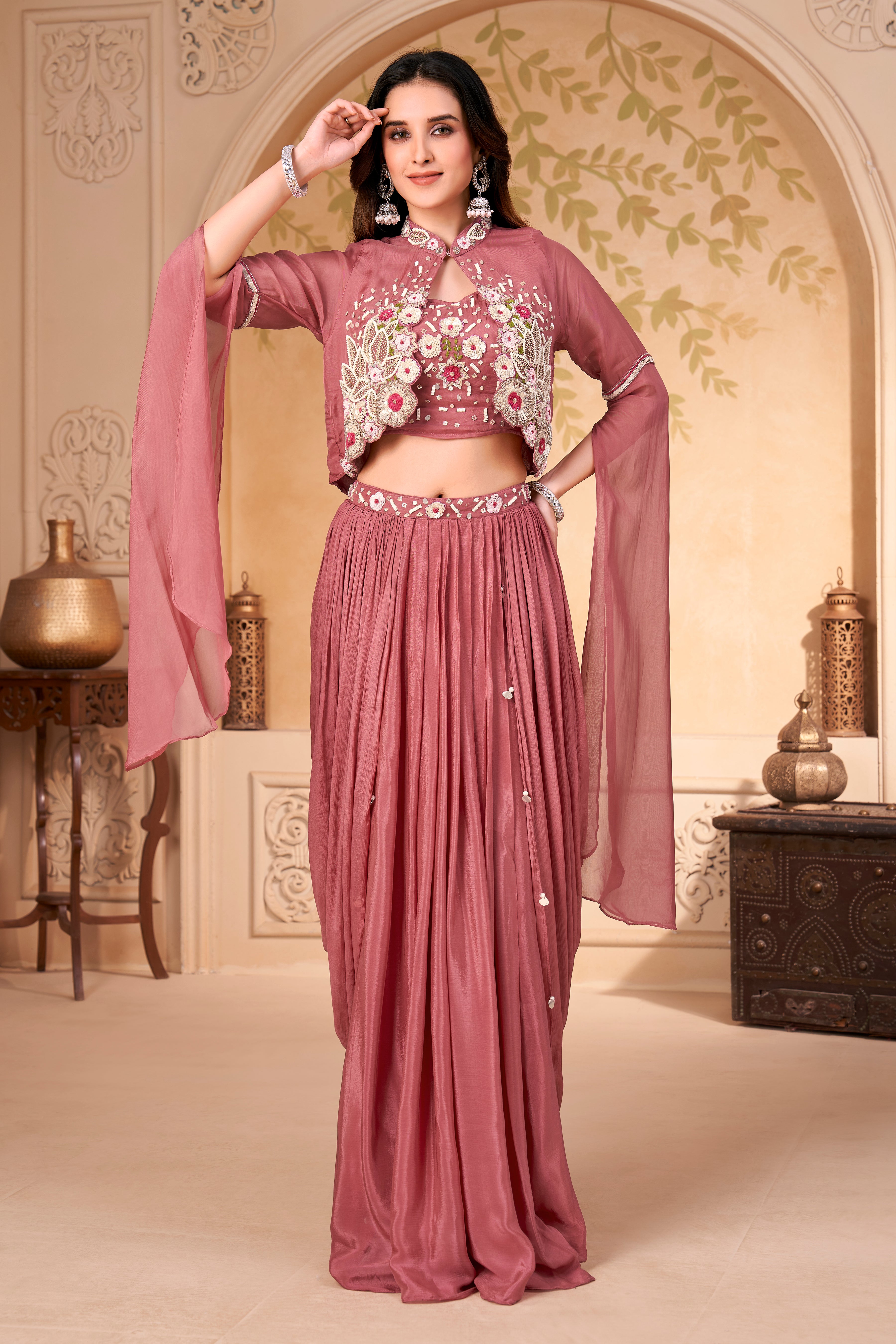 Dusty Rose Embellished Crepe Silk Skirt Set