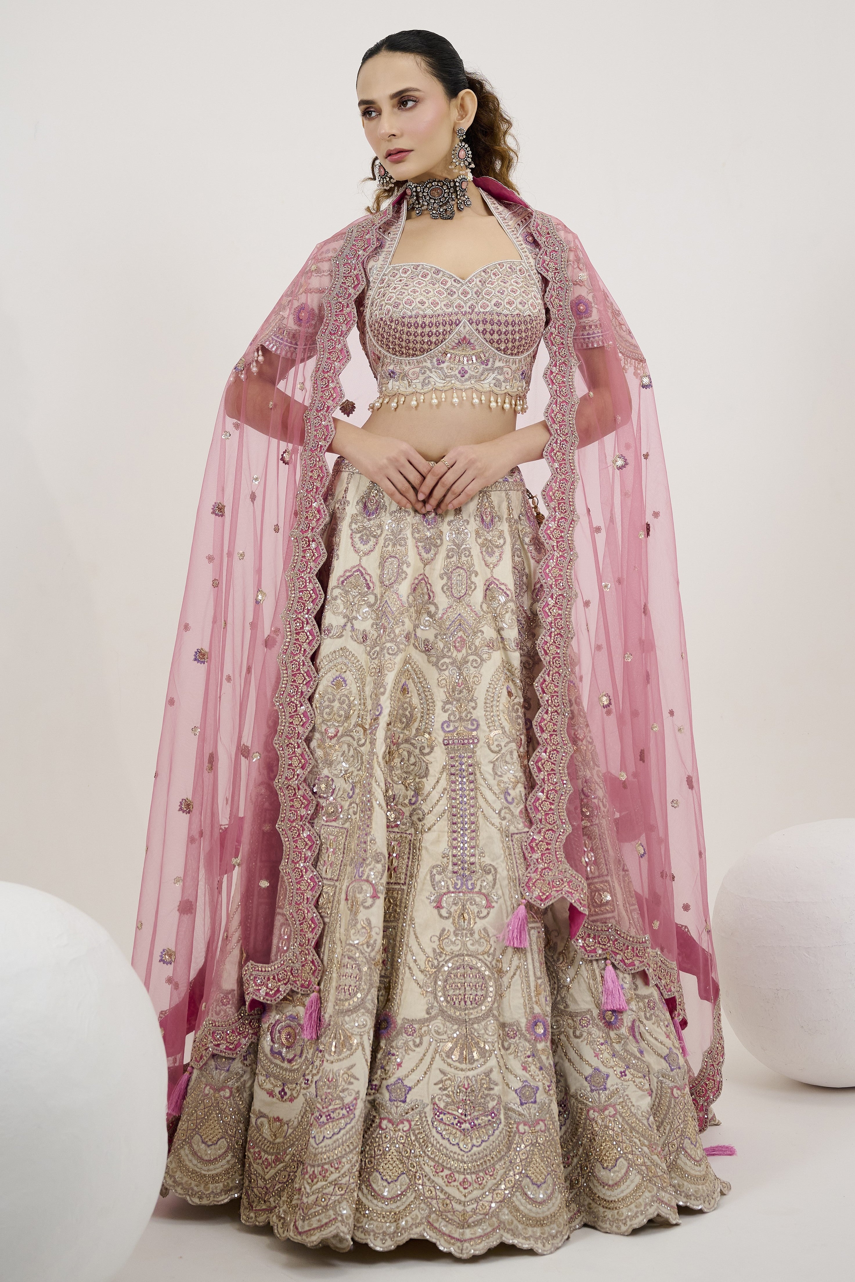 Pink Embroidered Georgette Silk Lehenga Set