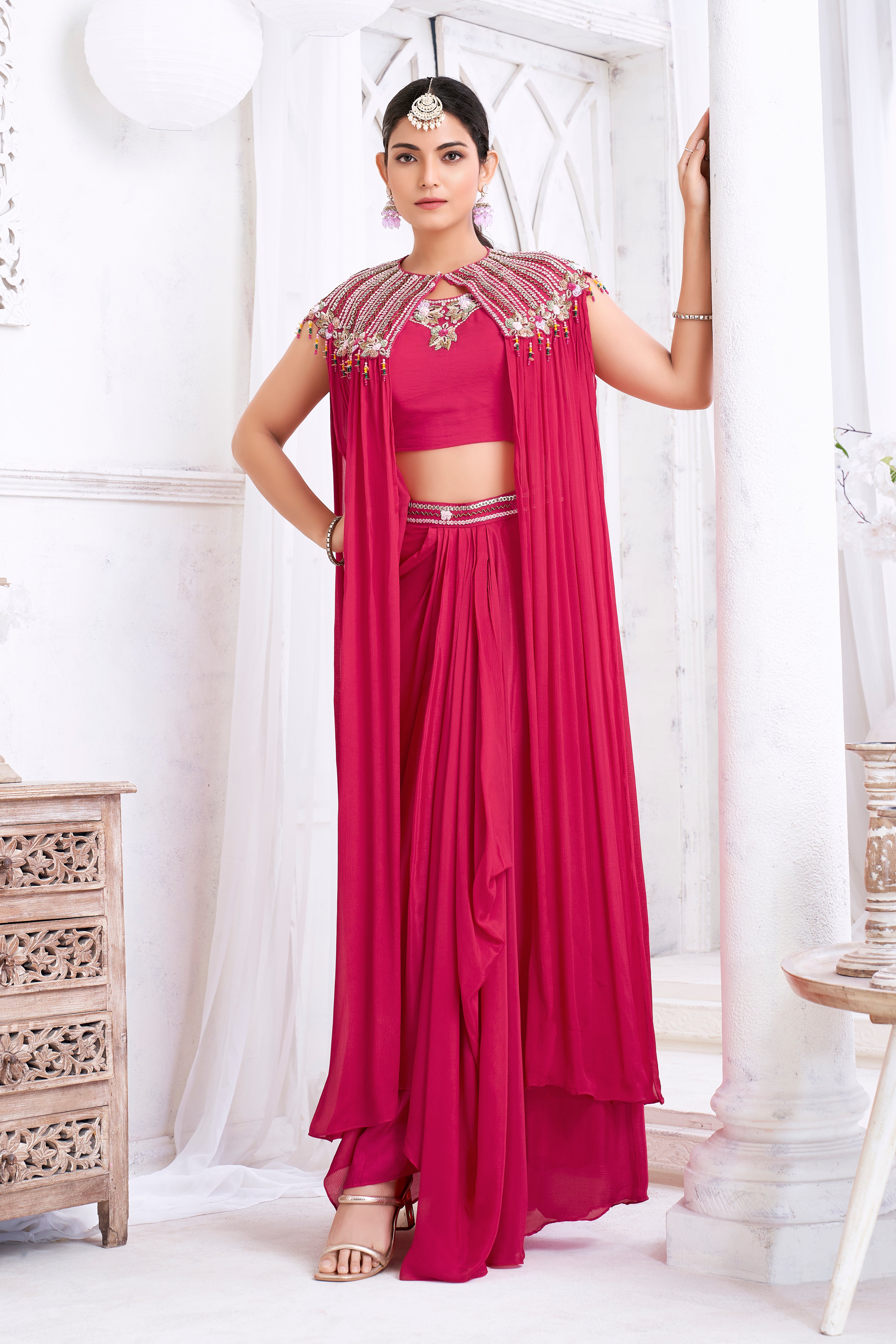 Hot Pink Embellished Chinon Silk Cape Set