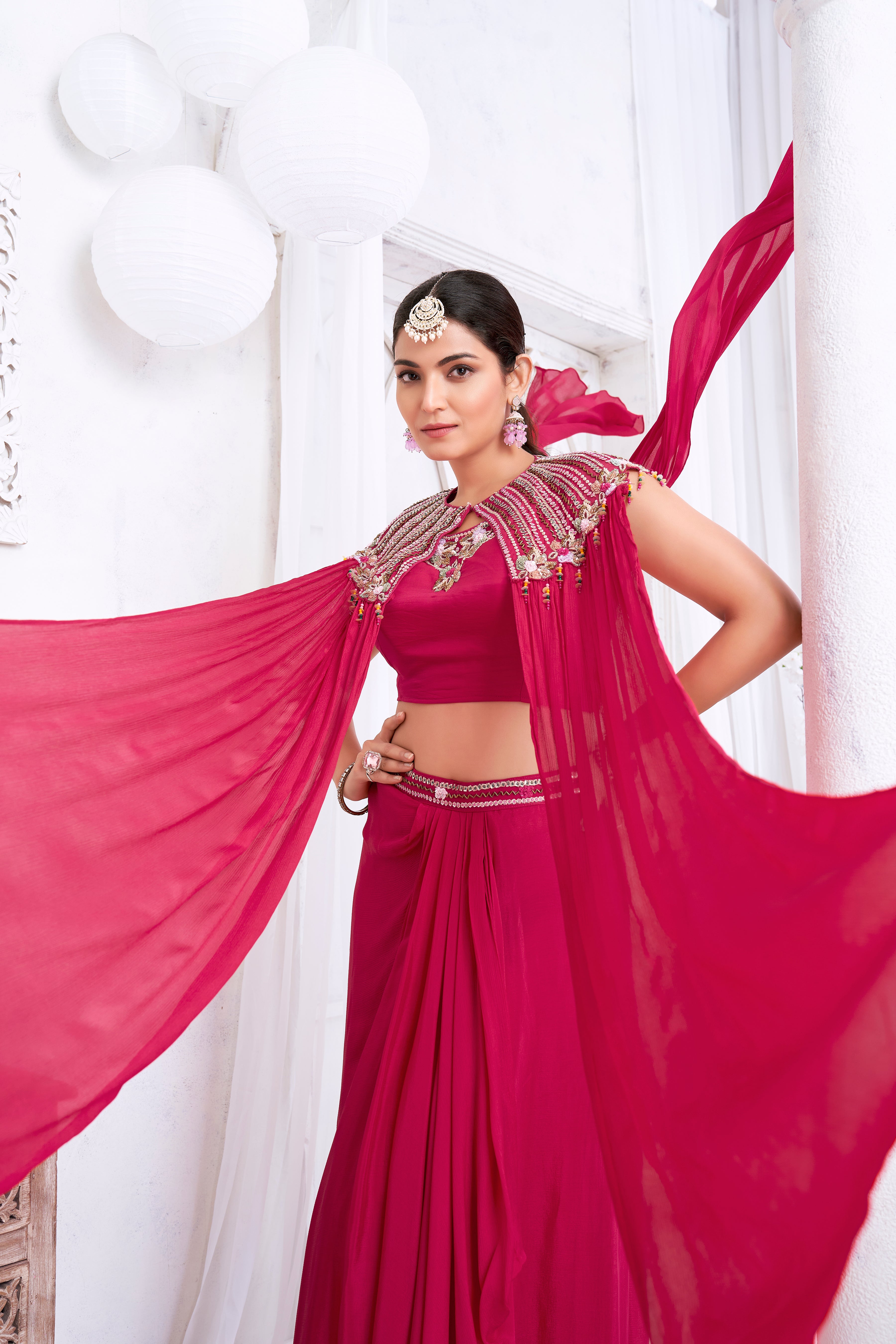 Hot Pink Embellished Chinon Silk Cape Set