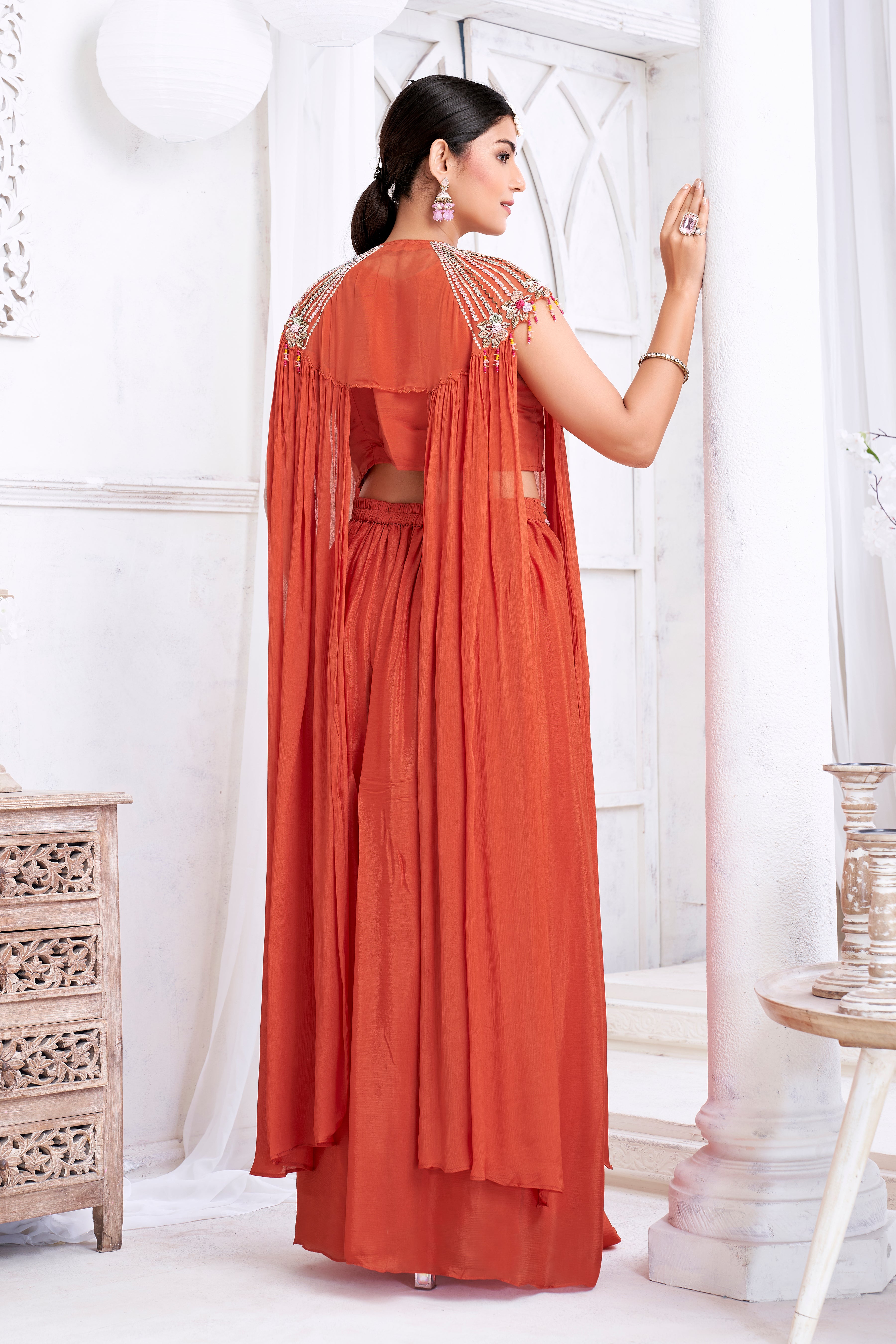 Burnt Orange Embellished Chinon Silk Cape Set