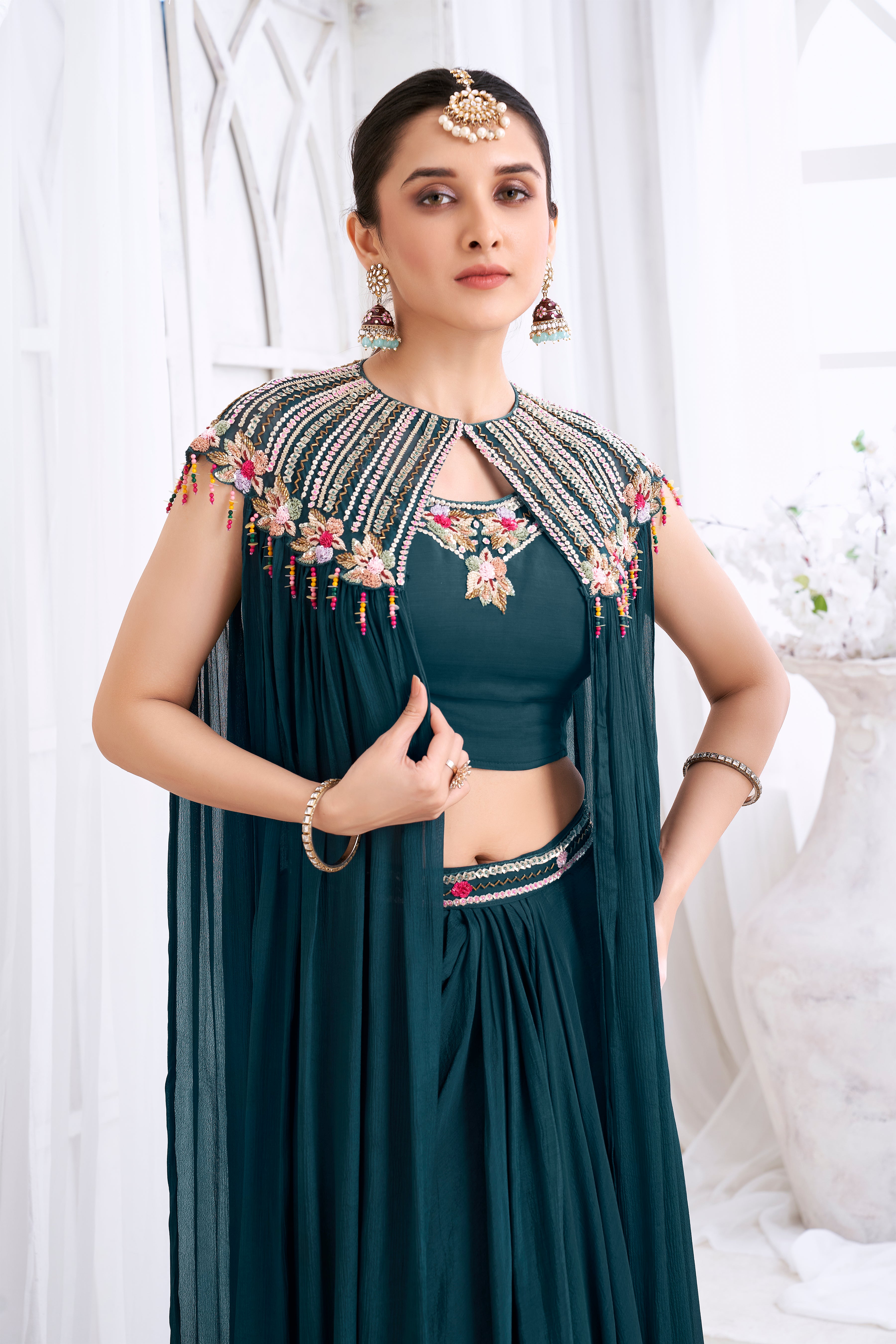 Deep Teal Embellished Chinon Silk Cape Set