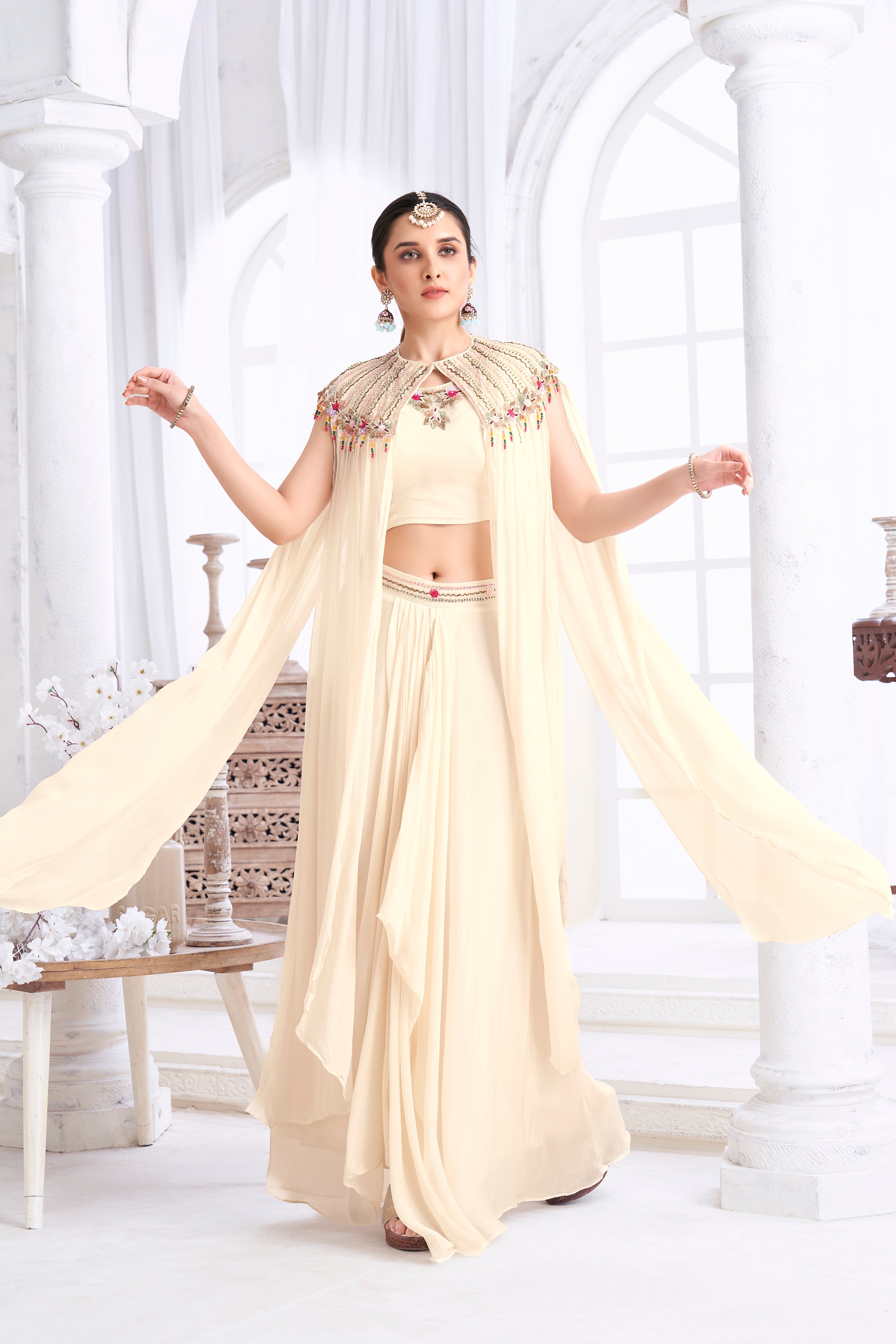 Cream Embellished Chinon Silk Cape Set