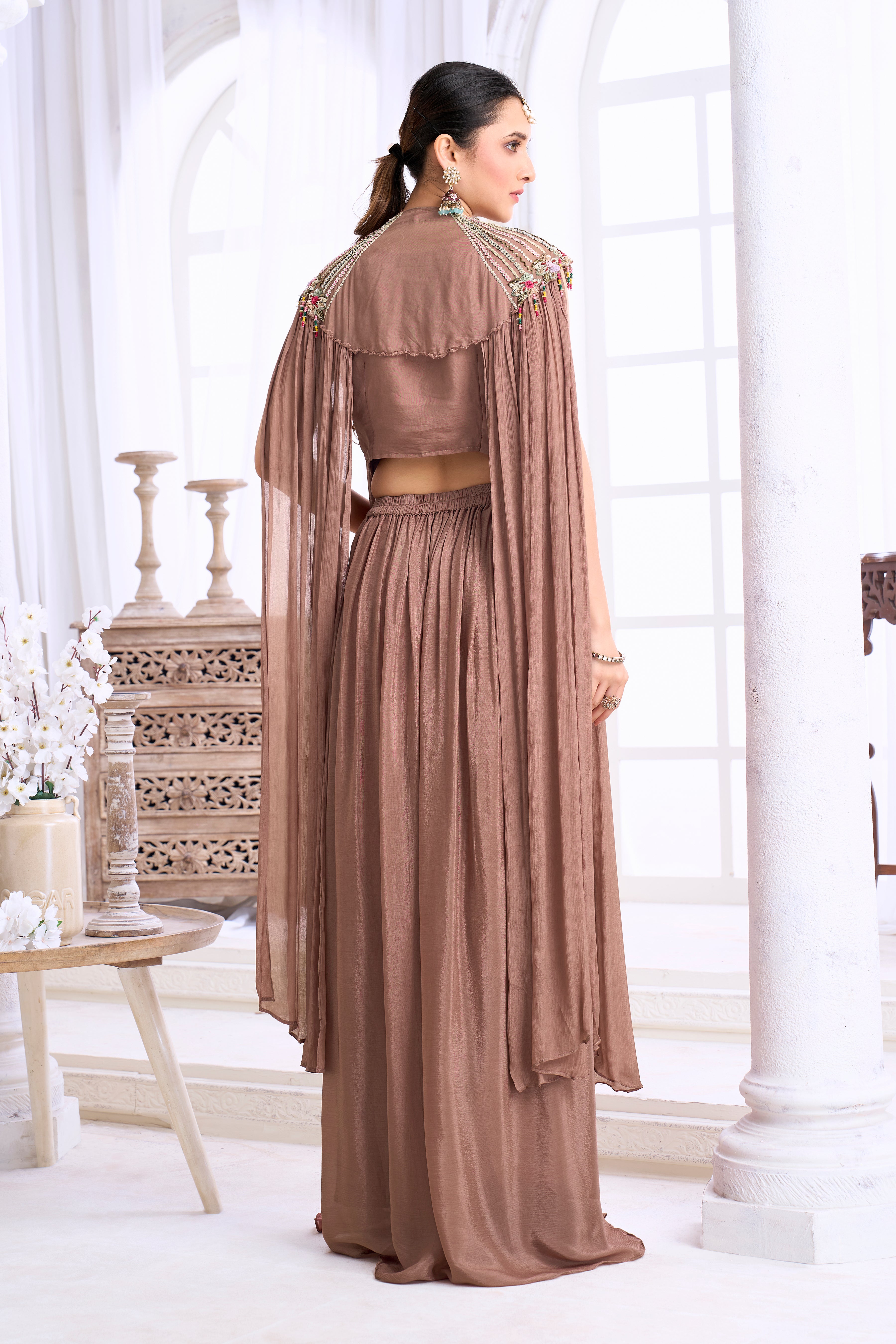 Dusty Brown Embellished Chinon Silk Cape Set