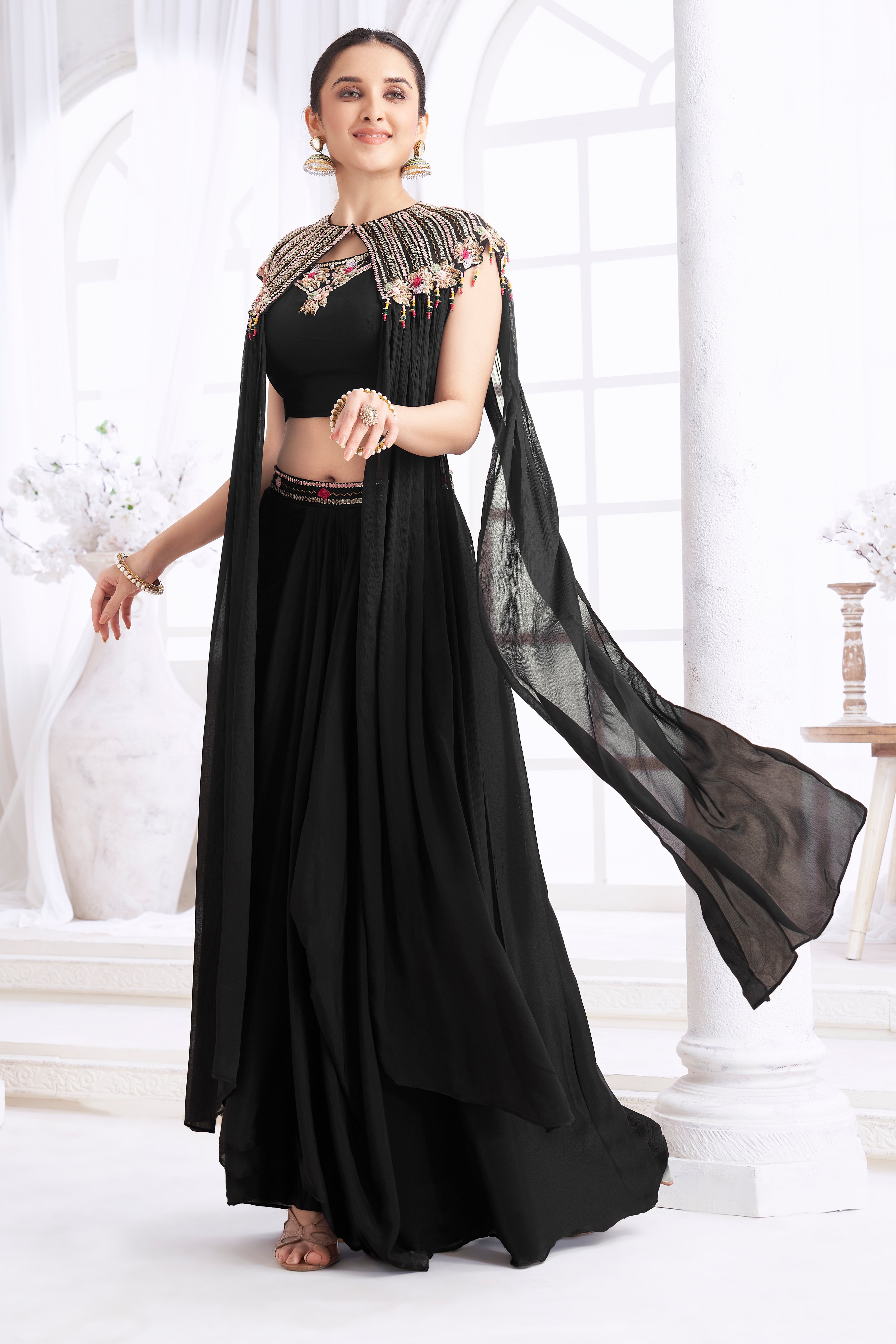 Black Embellished Chinon Silk Cape Set