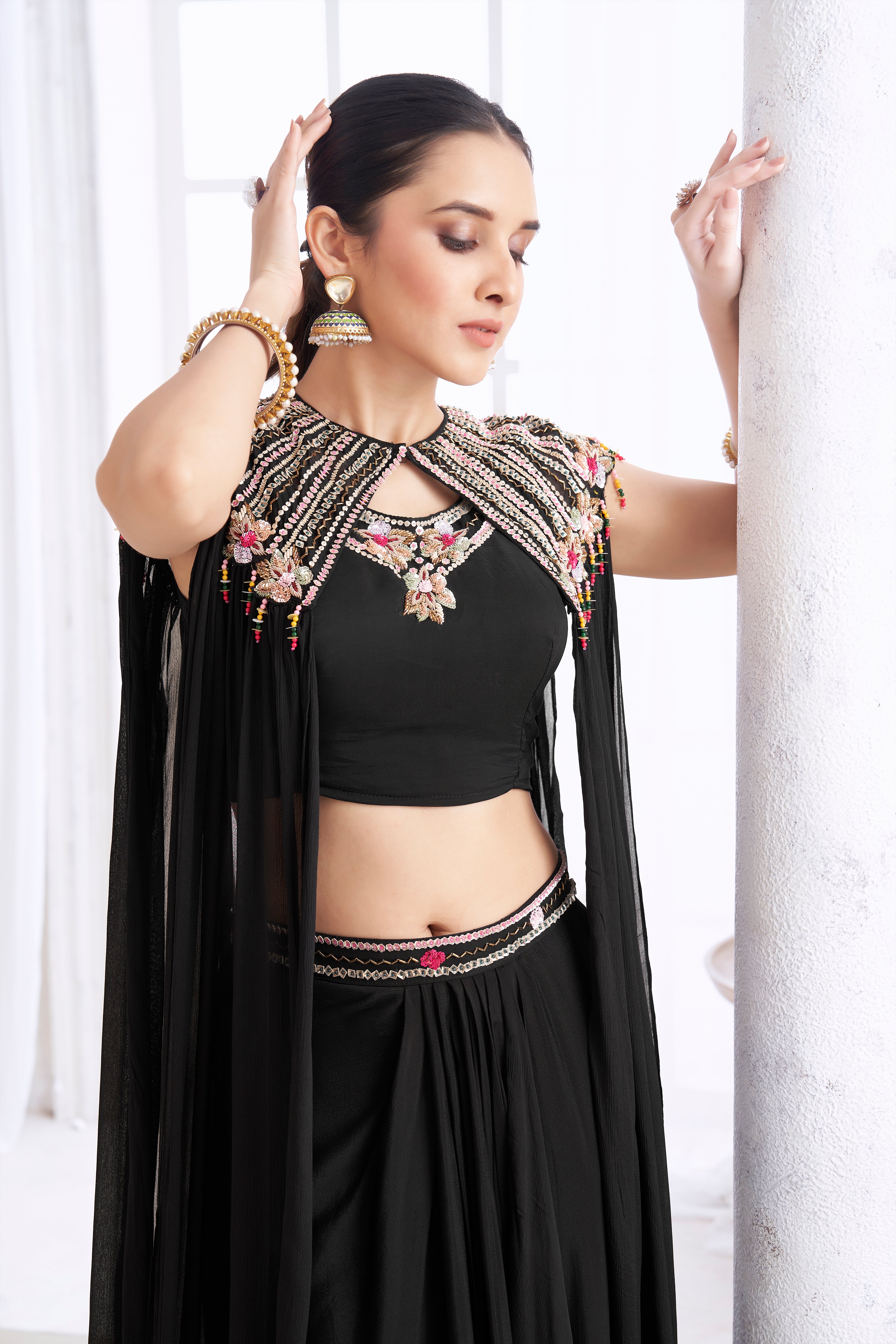 Black Embellished Chinon Silk Cape Set