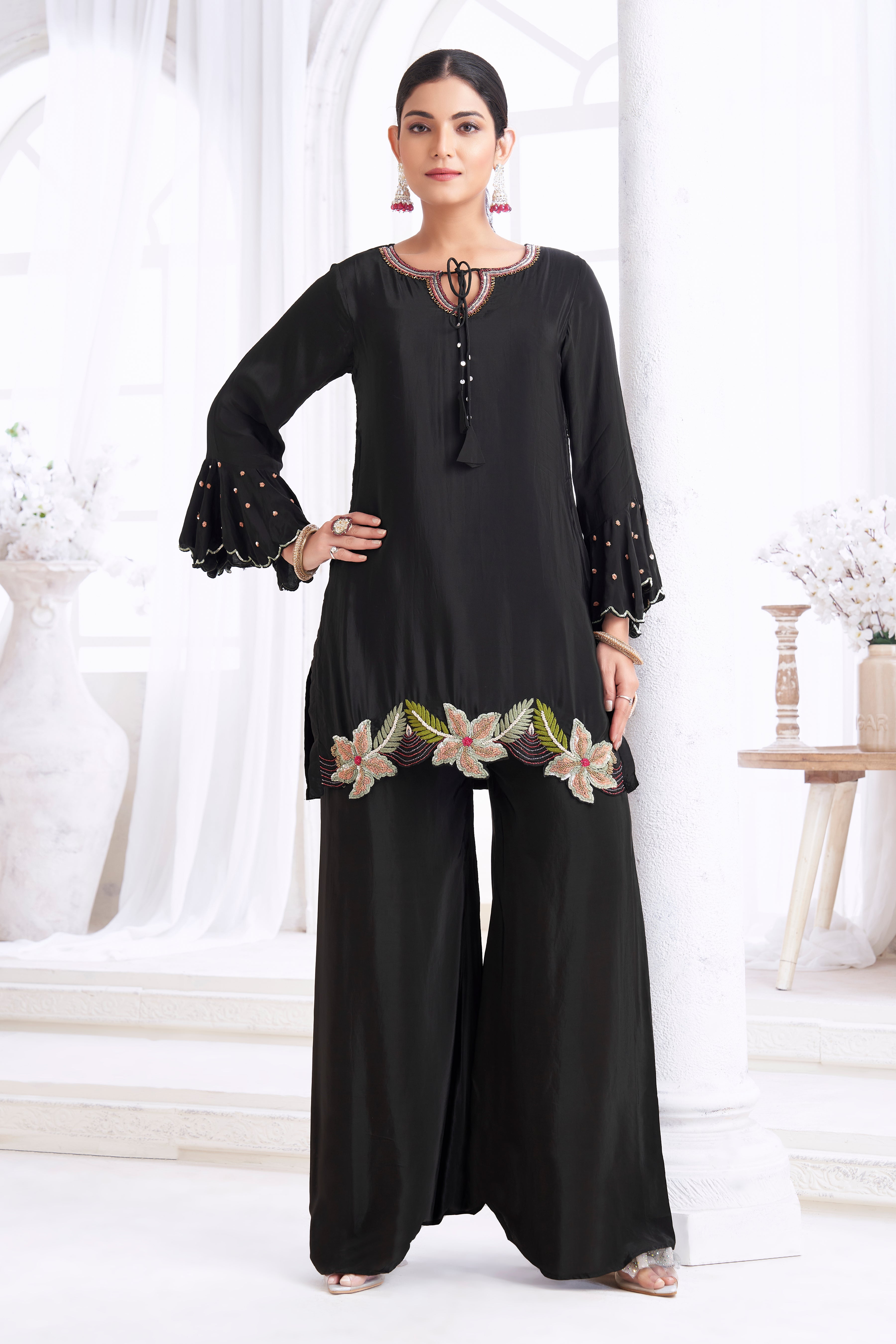 Black Embellished Crepe Silk Palazzo Set