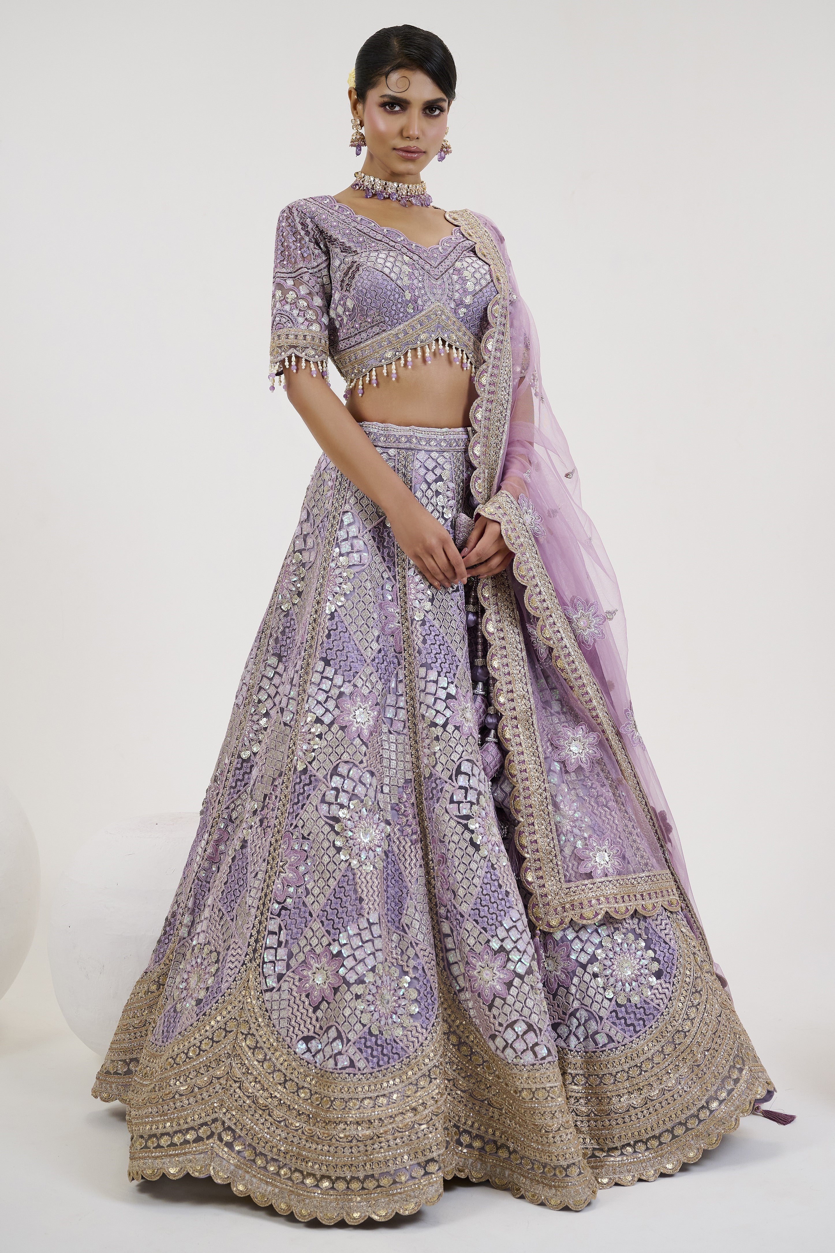 Lilac Embroidered Georgette Silk Lehenga Set