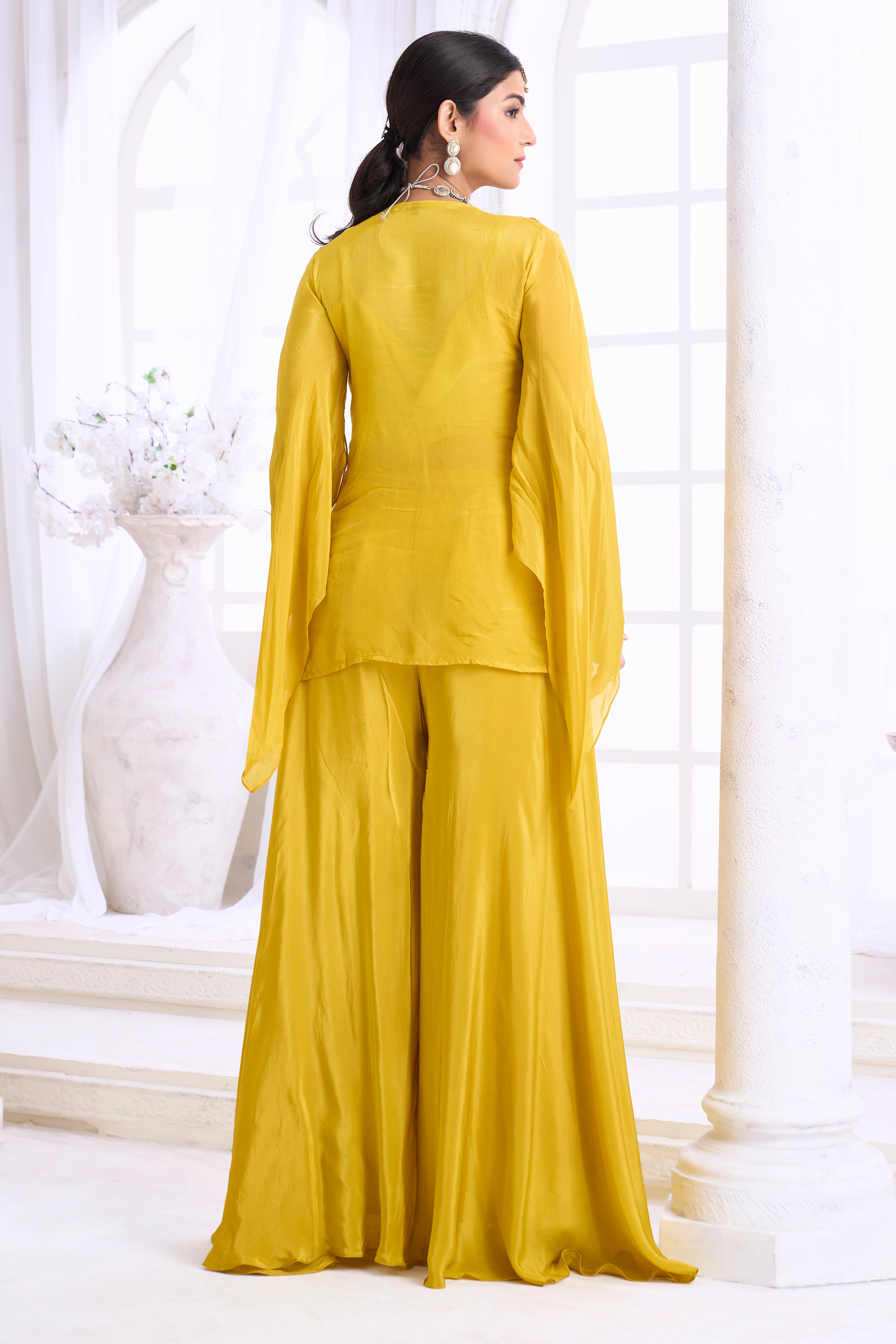 Bright Yellow Embellished Organza Silk Palazzo Set
