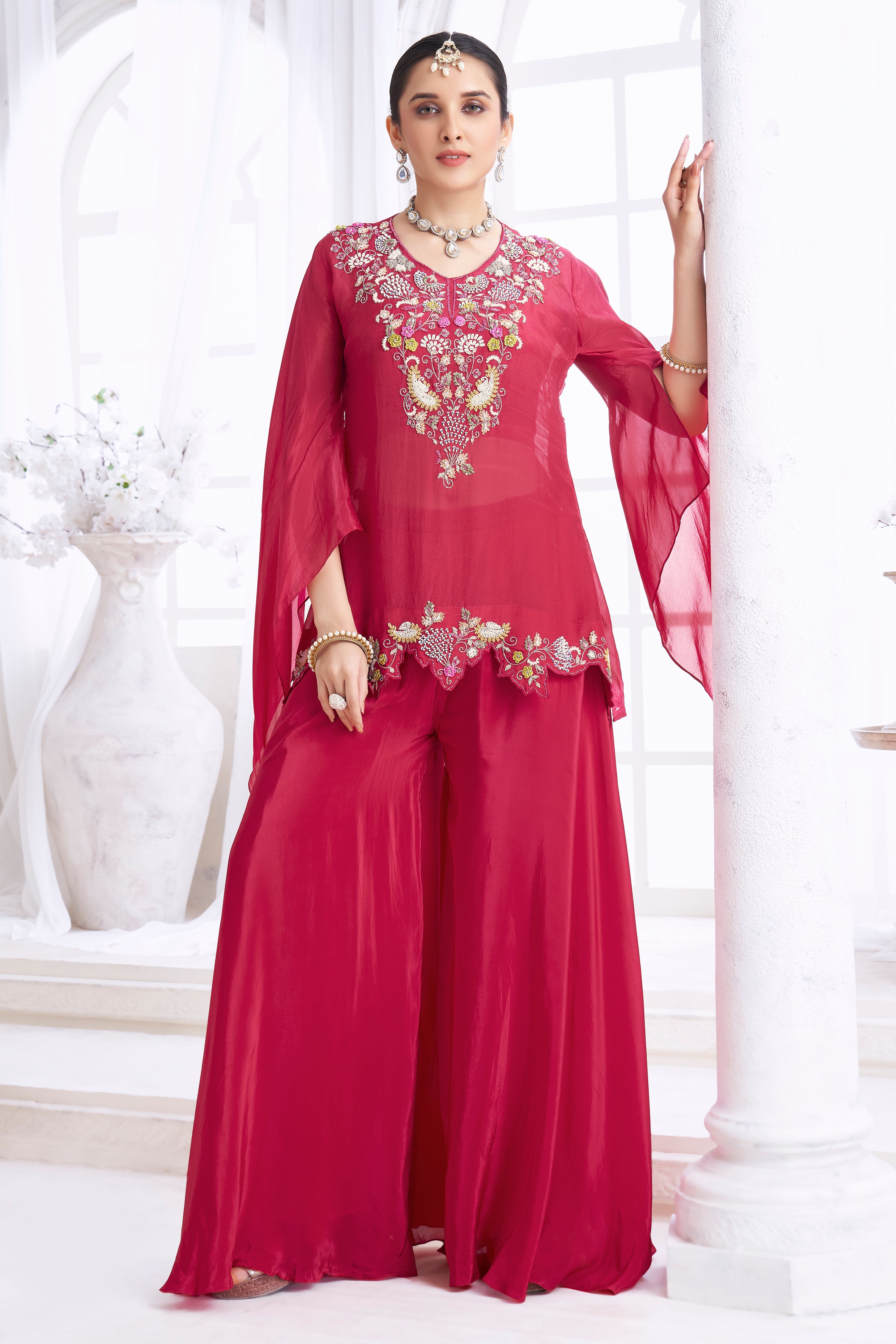 Berry Pink Embellished Organza Silk Palazzo Set
