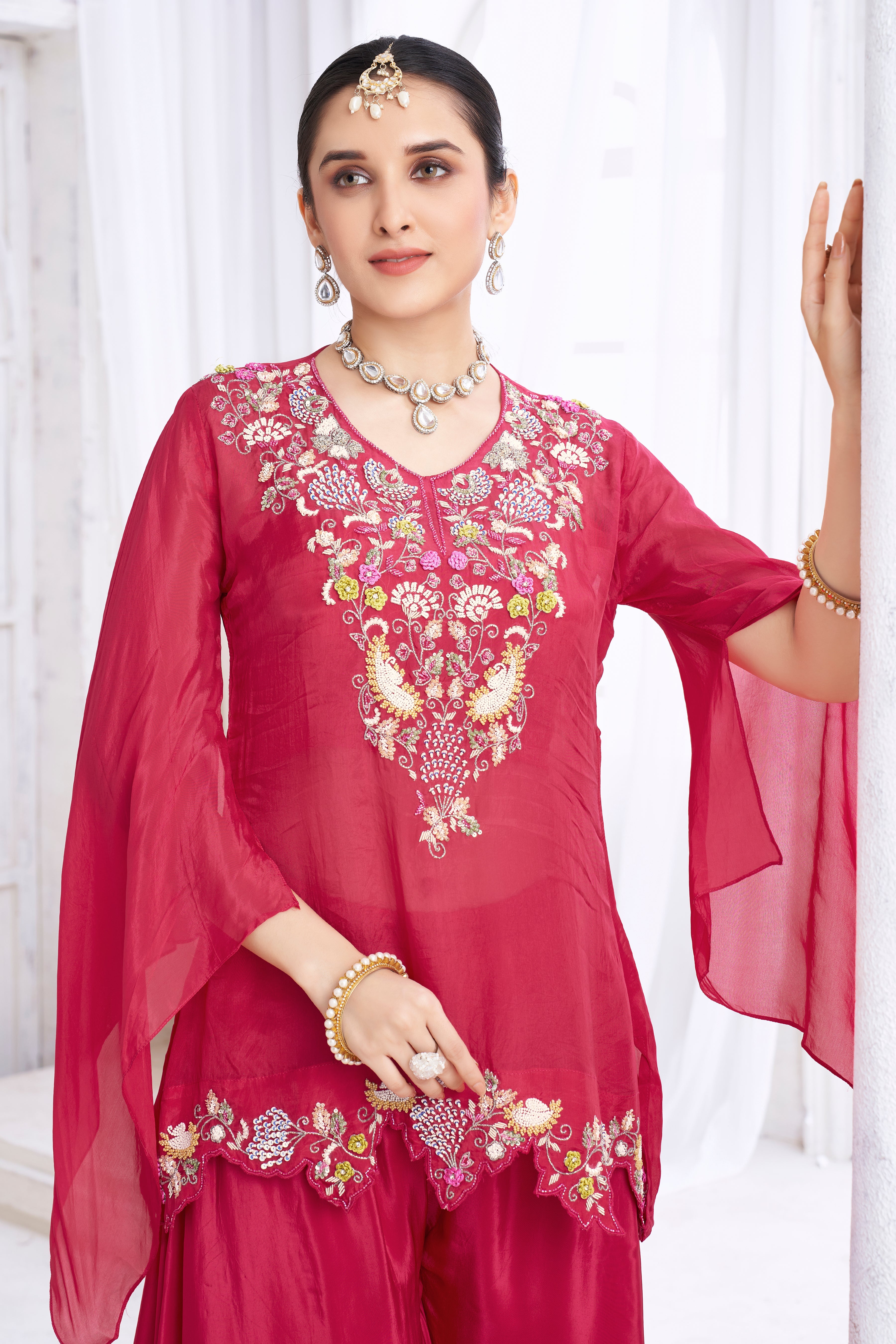 Berry Pink Embellished Organza Silk Palazzo Set