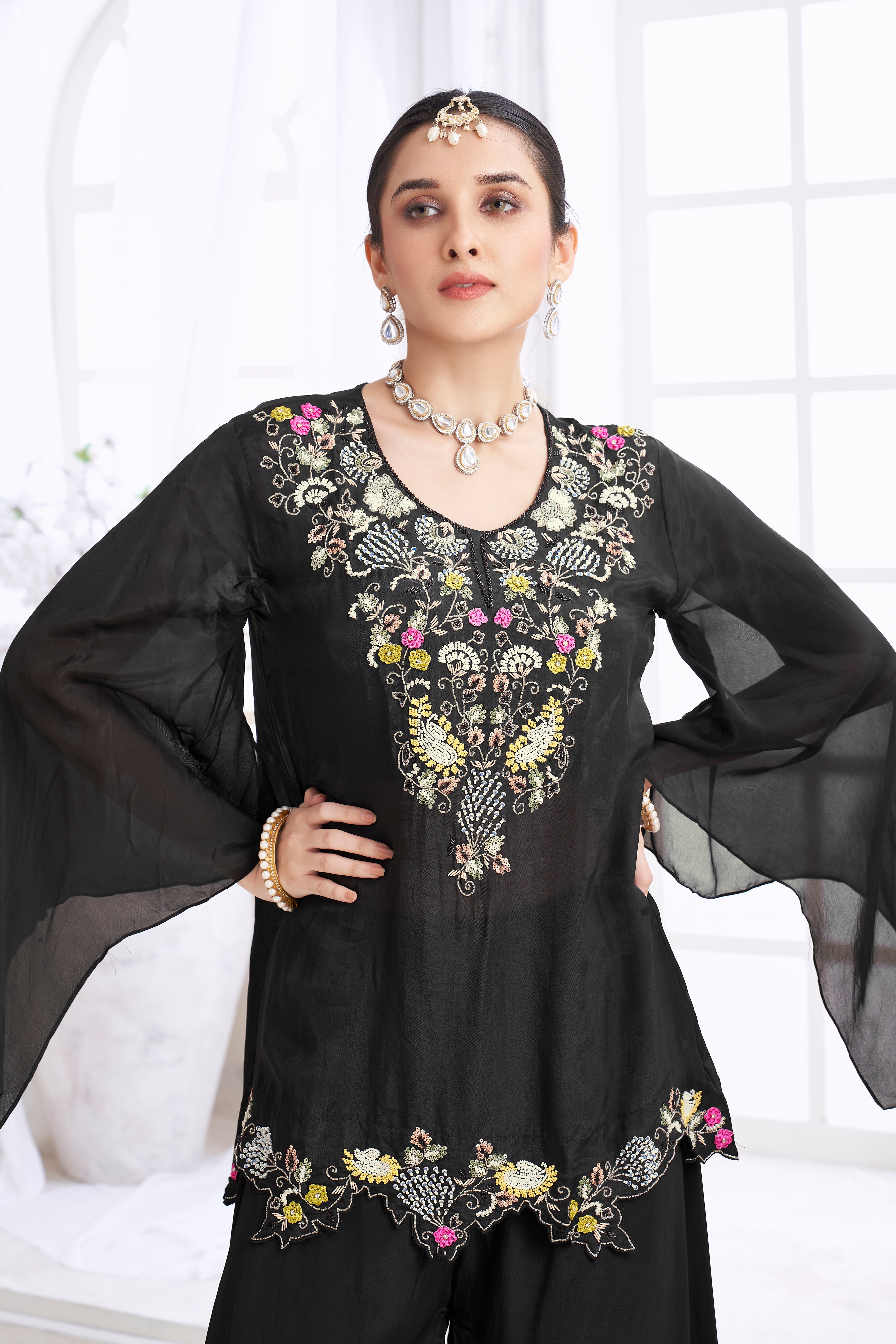 Black Embellished Organza Silk Palazzo Set