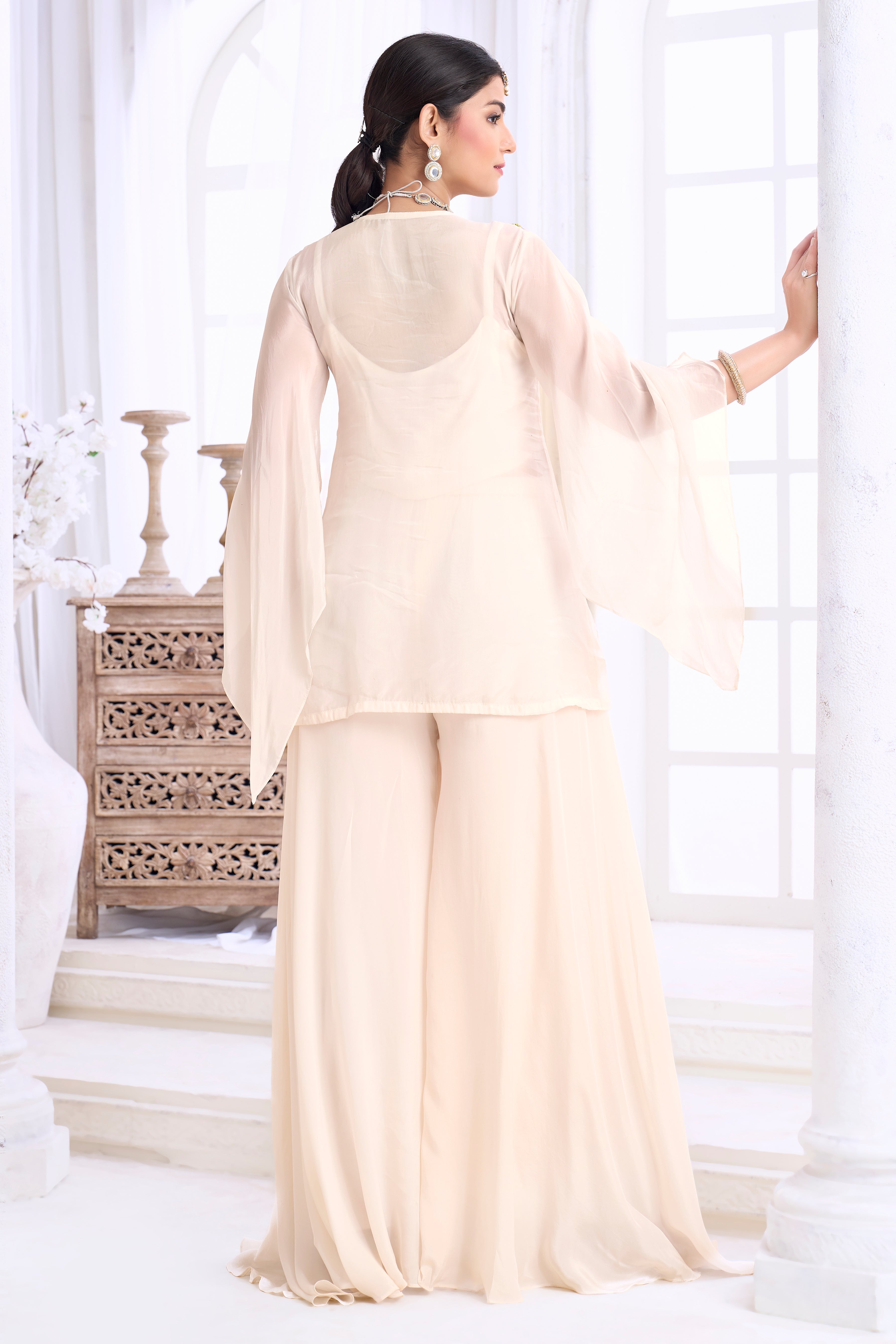 Ivory Embellished Organza Silk Palazzo Set