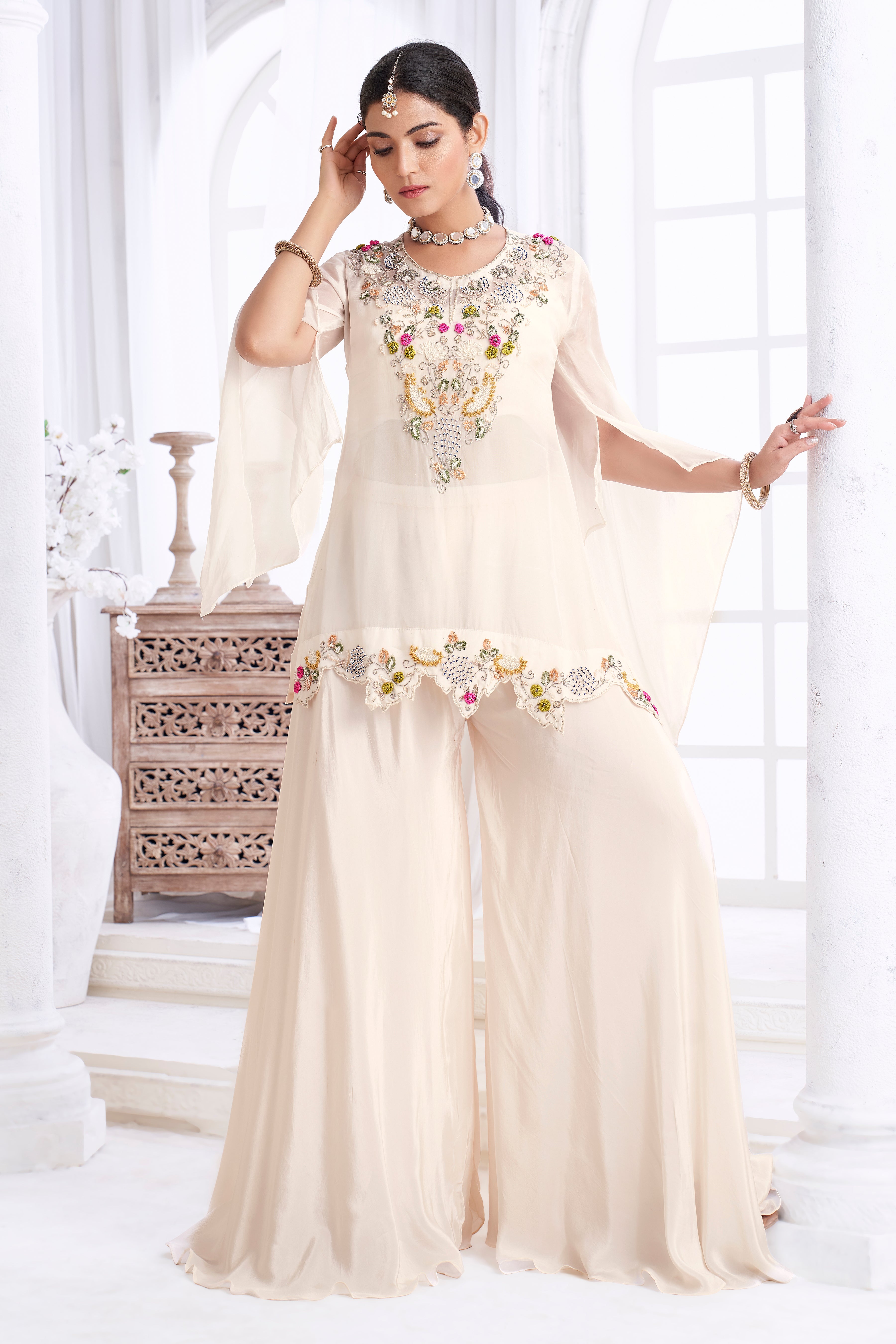 Ivory Embellished Organza Silk Palazzo Set