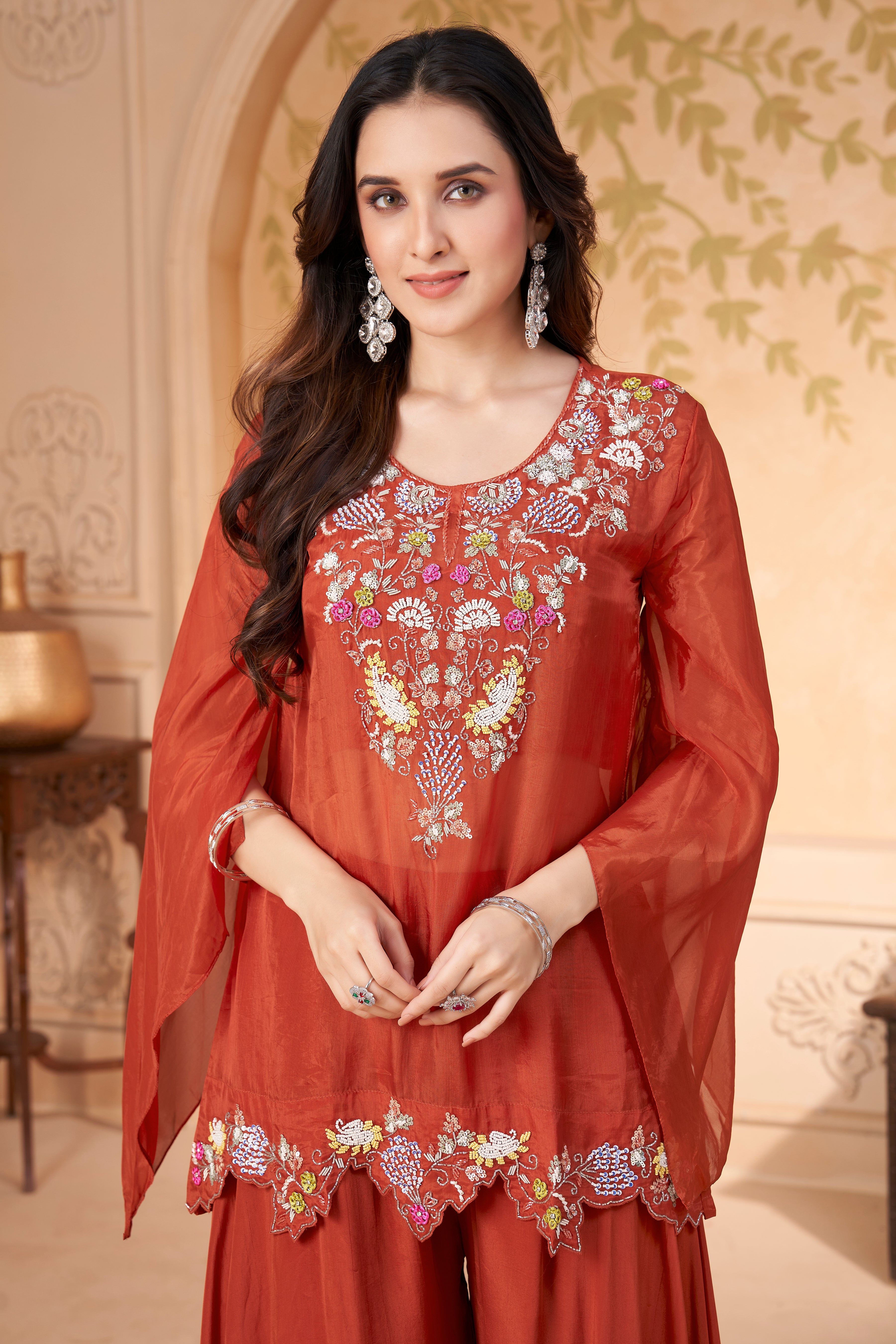 Rust Embellished Organza Silk Palazzo Set