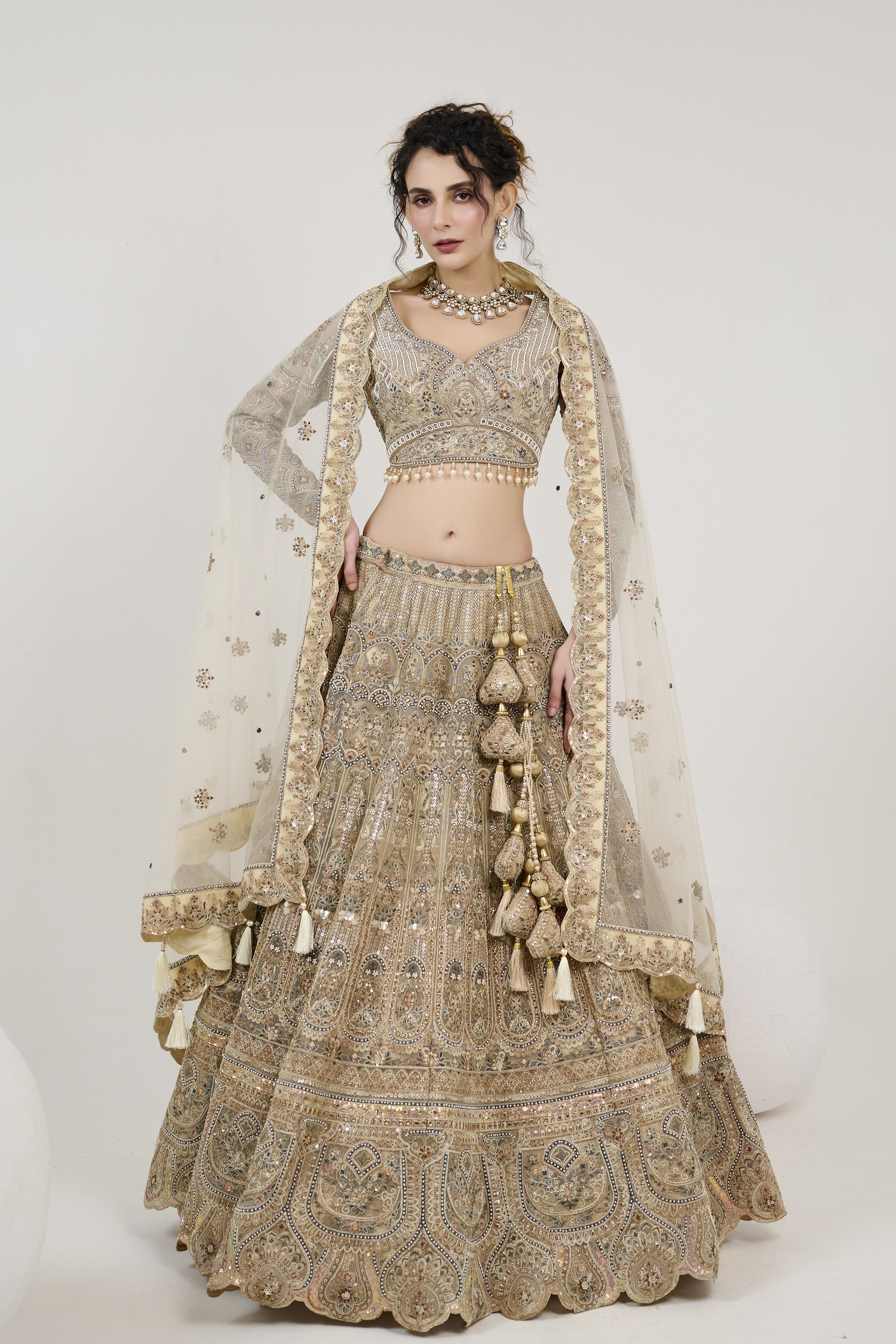 Golden Ivory Embroidered Georgette Silk Lehenga Set