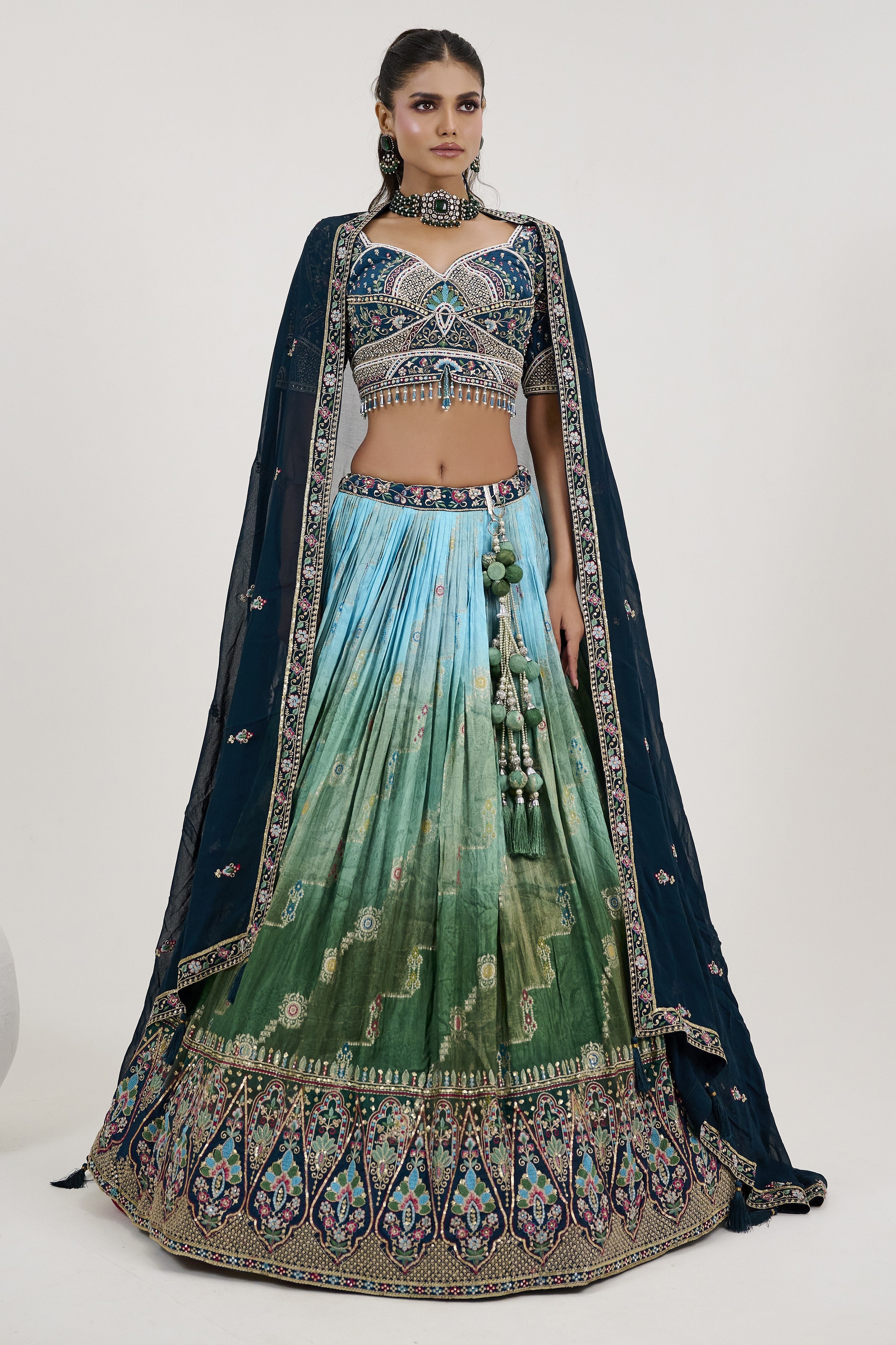 Green Ombre-Dyed Georgette Silk Lehenga Set