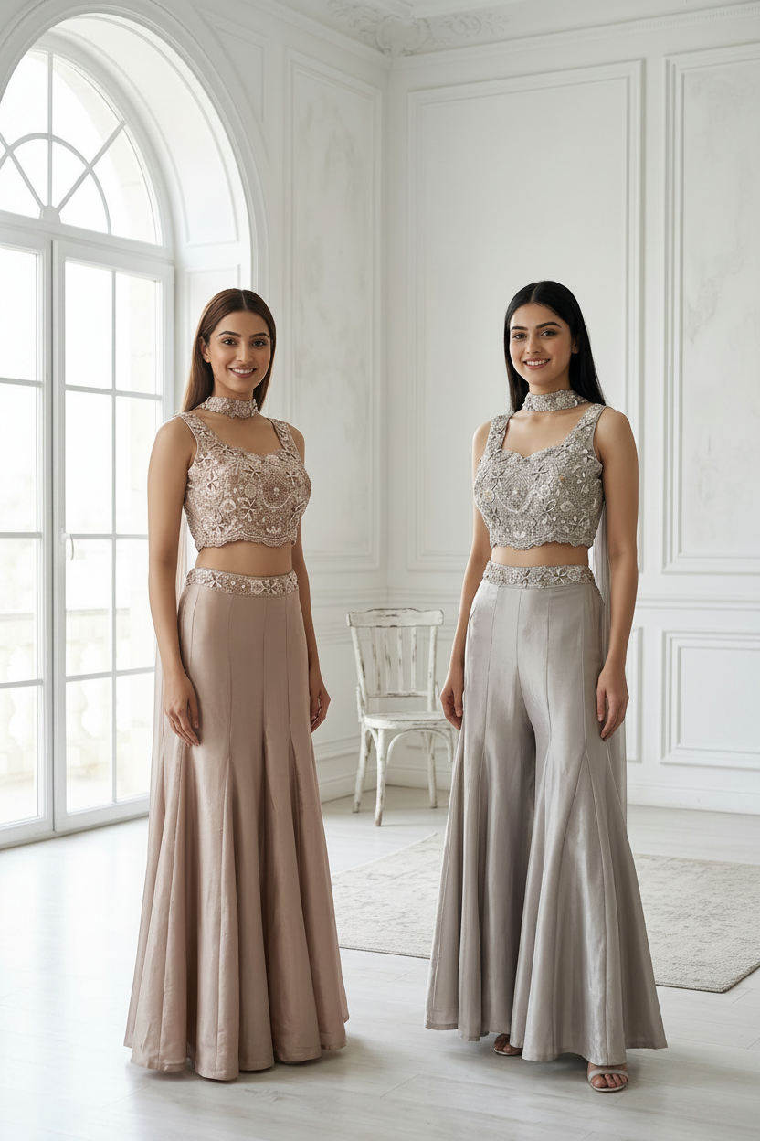 Royal Silver Embellished Satin Silk Palazzo Set
