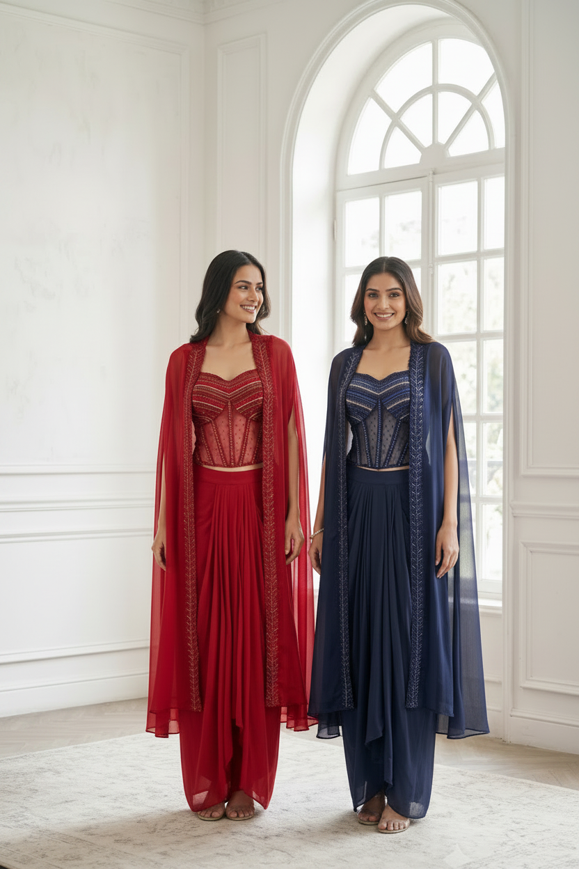 Royal Scarlet Embellished Premium Georgette Cape Set