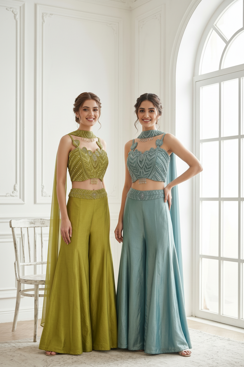 Lime Pearl Embellished Premium Silk Palazzo Set