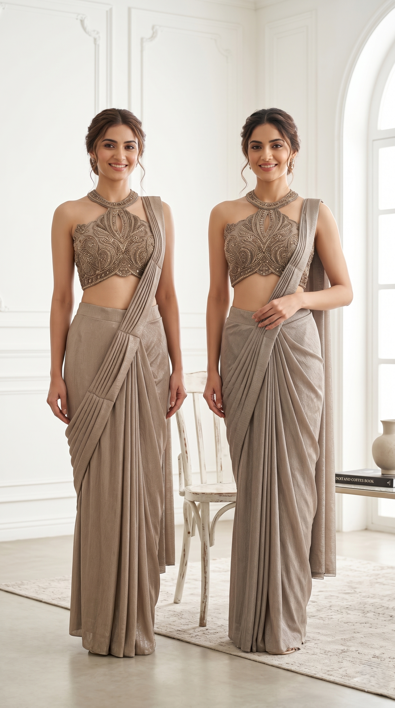 Taupe Embellished Crepe Silk Saree