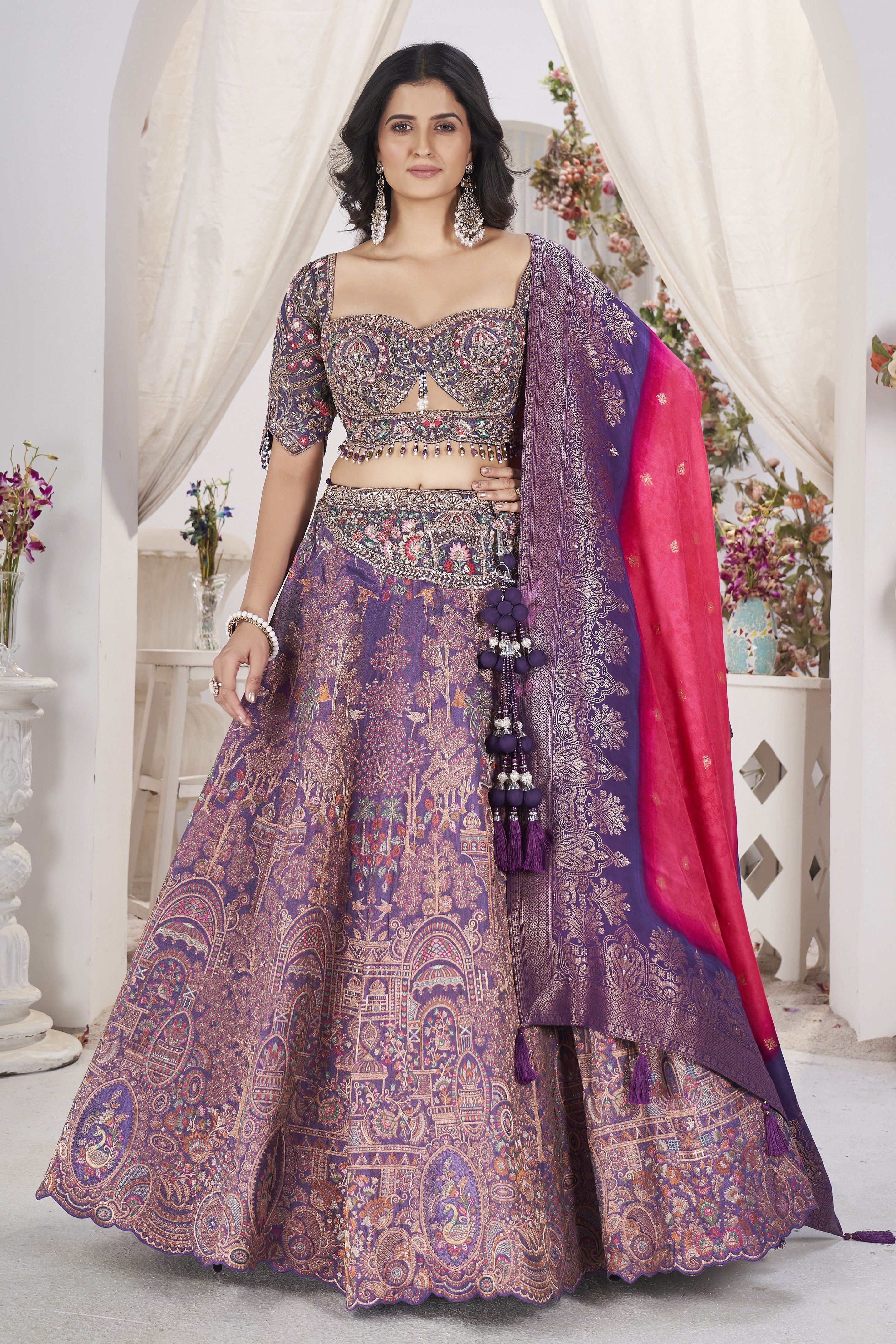 Vibrant Purple Embroidered Dola Silk Lehenga Set