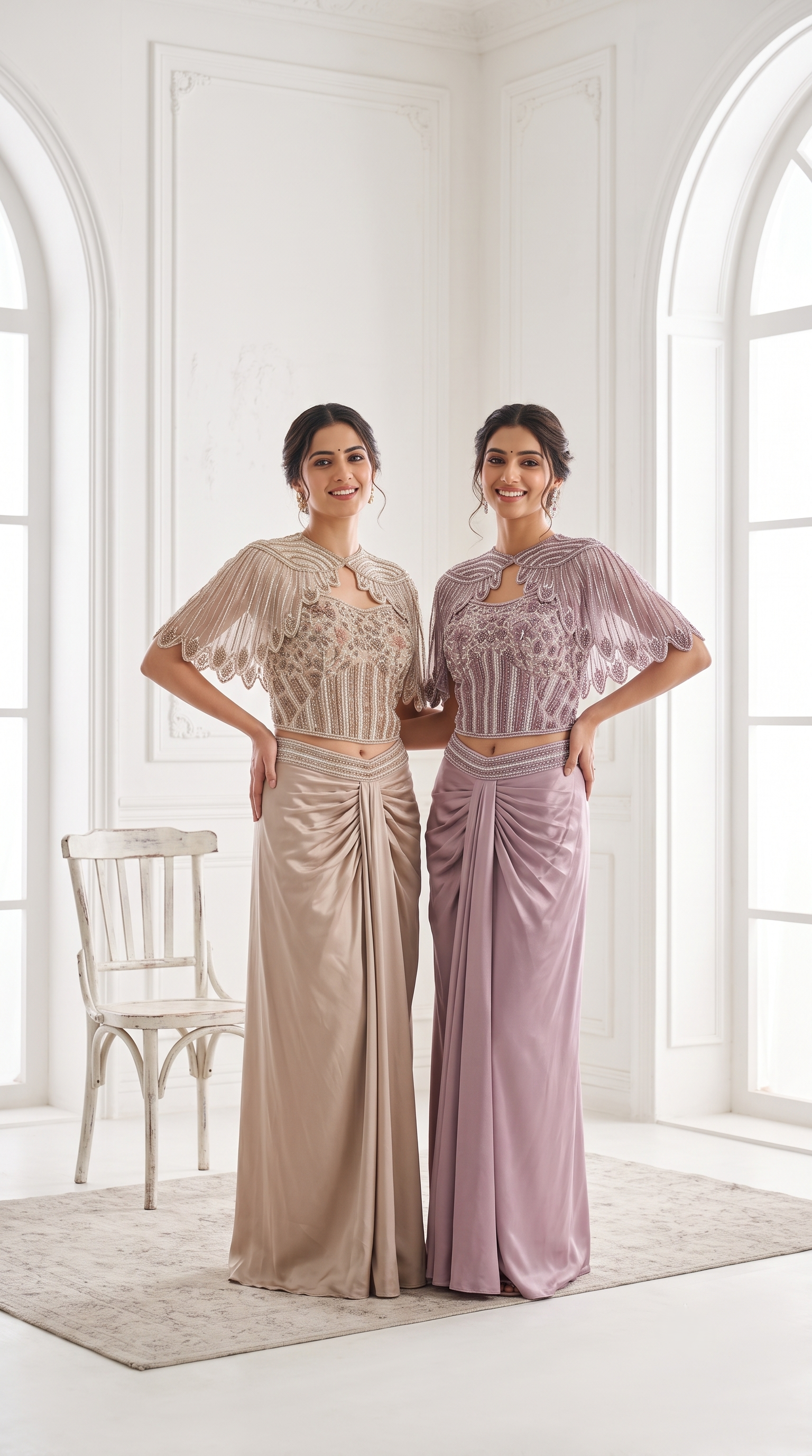 Dusty Taupe Embellished Satin Silk Skirt Set
