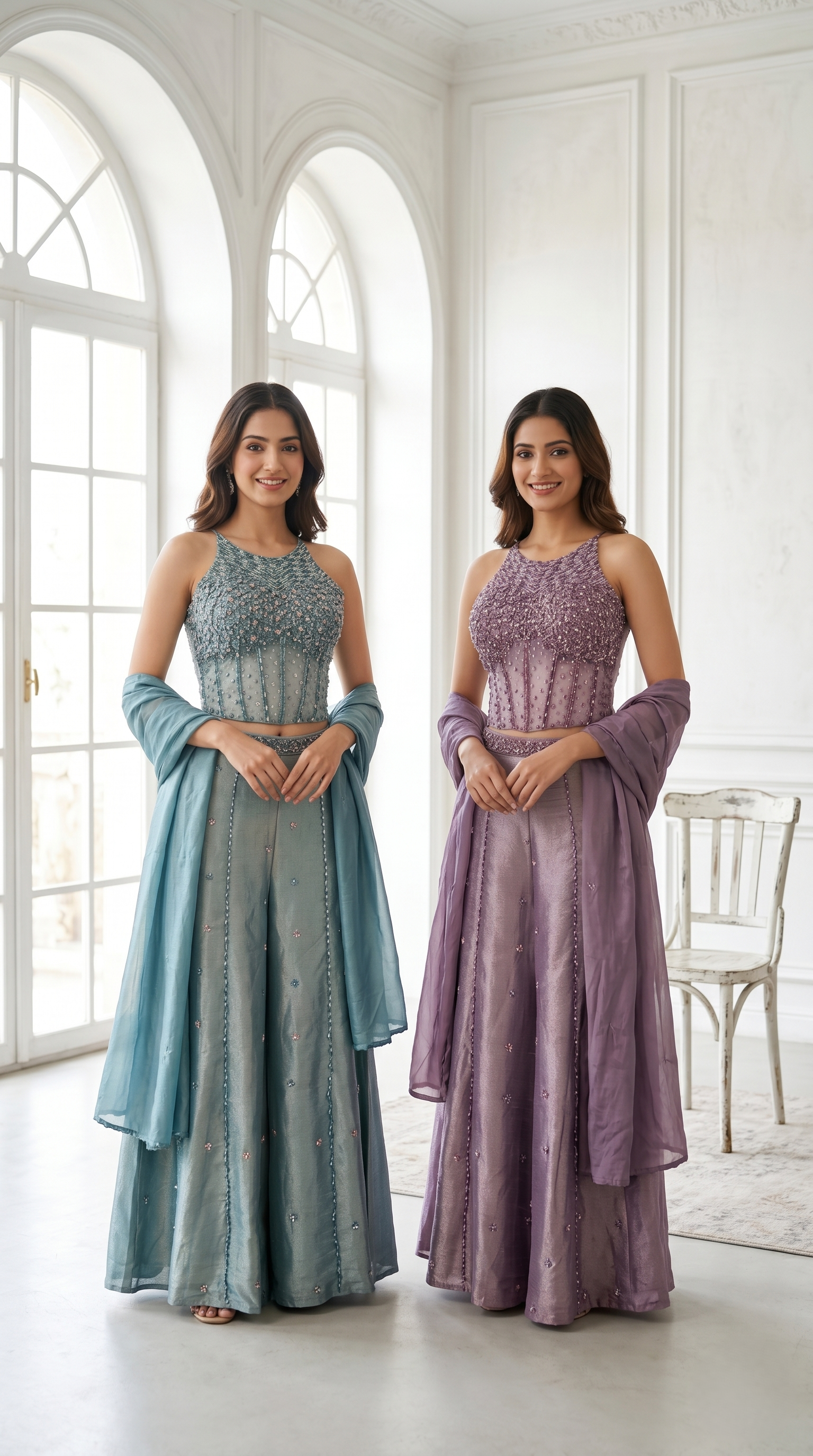 Dusty Blue Embellished Georgette Palazzo Set