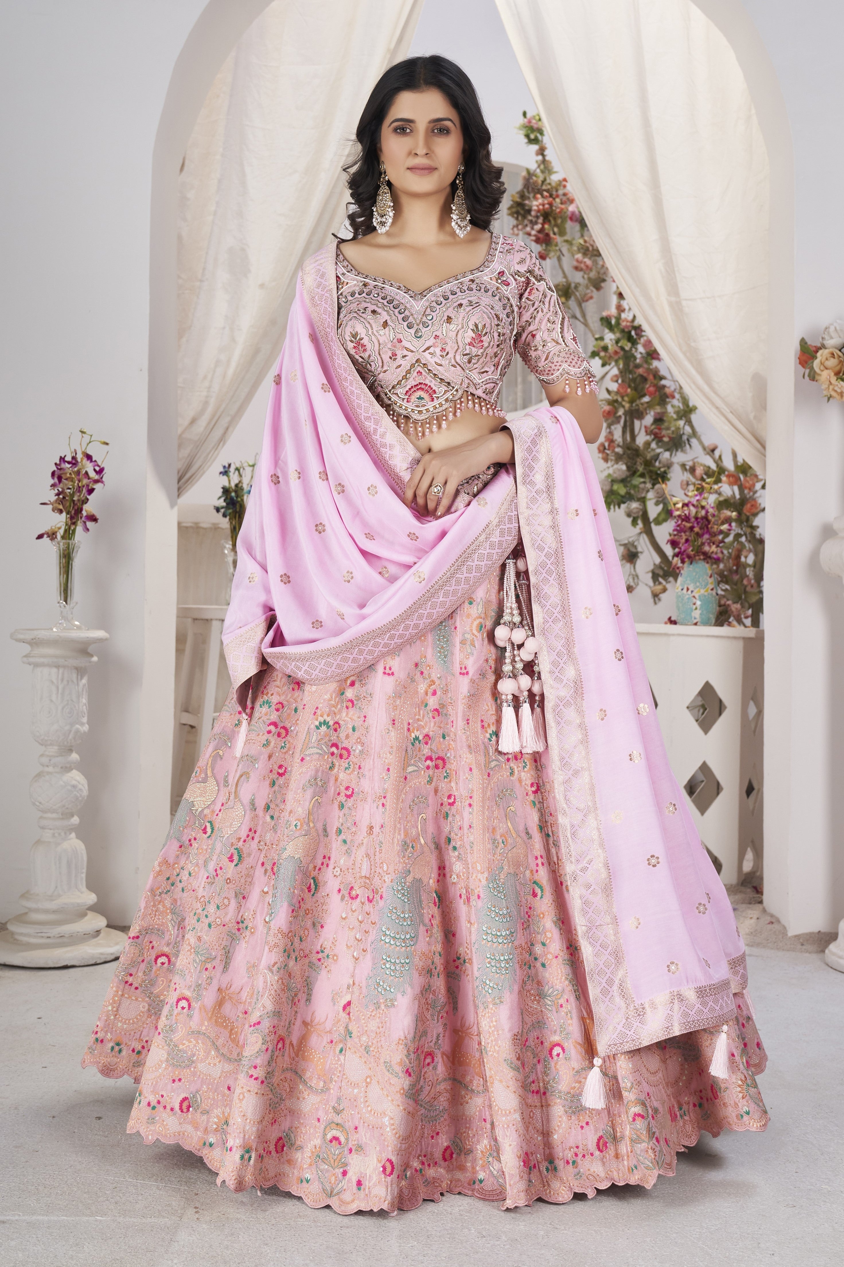 Pretty Pink Embroidered Dola Silk Lehenga Set