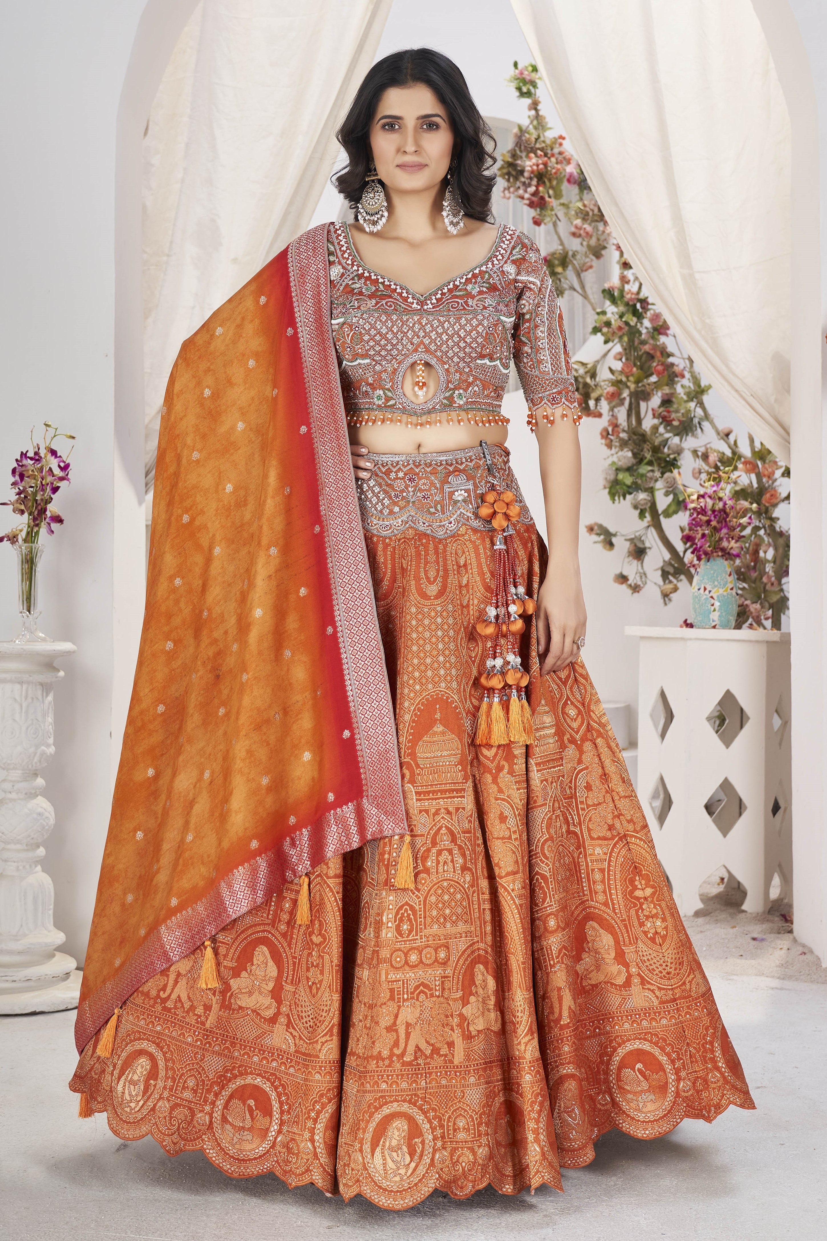 Deep Orange Embroidered Dola Silk Lehenga Set