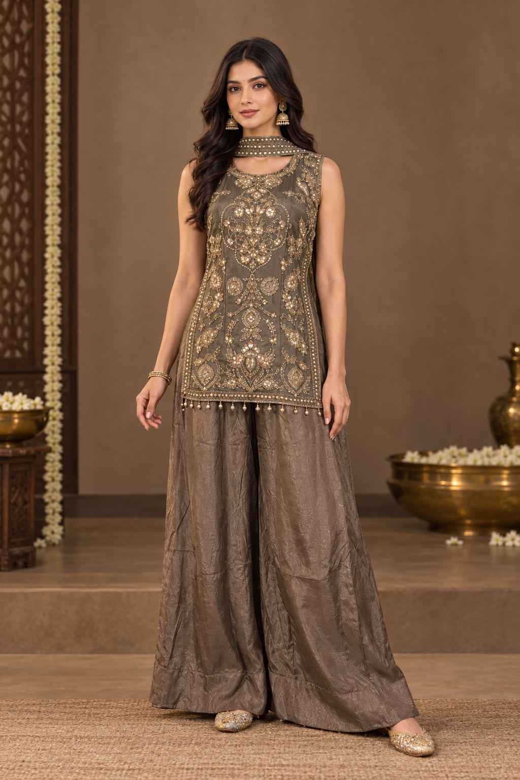 Taupe Grey Embellished Shimmer Silk Palazzo Set