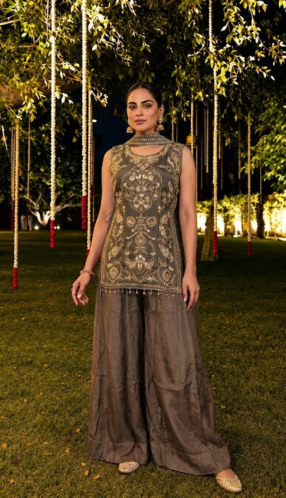 Taupe Grey Embellished Shimmer Silk Palazzo Set