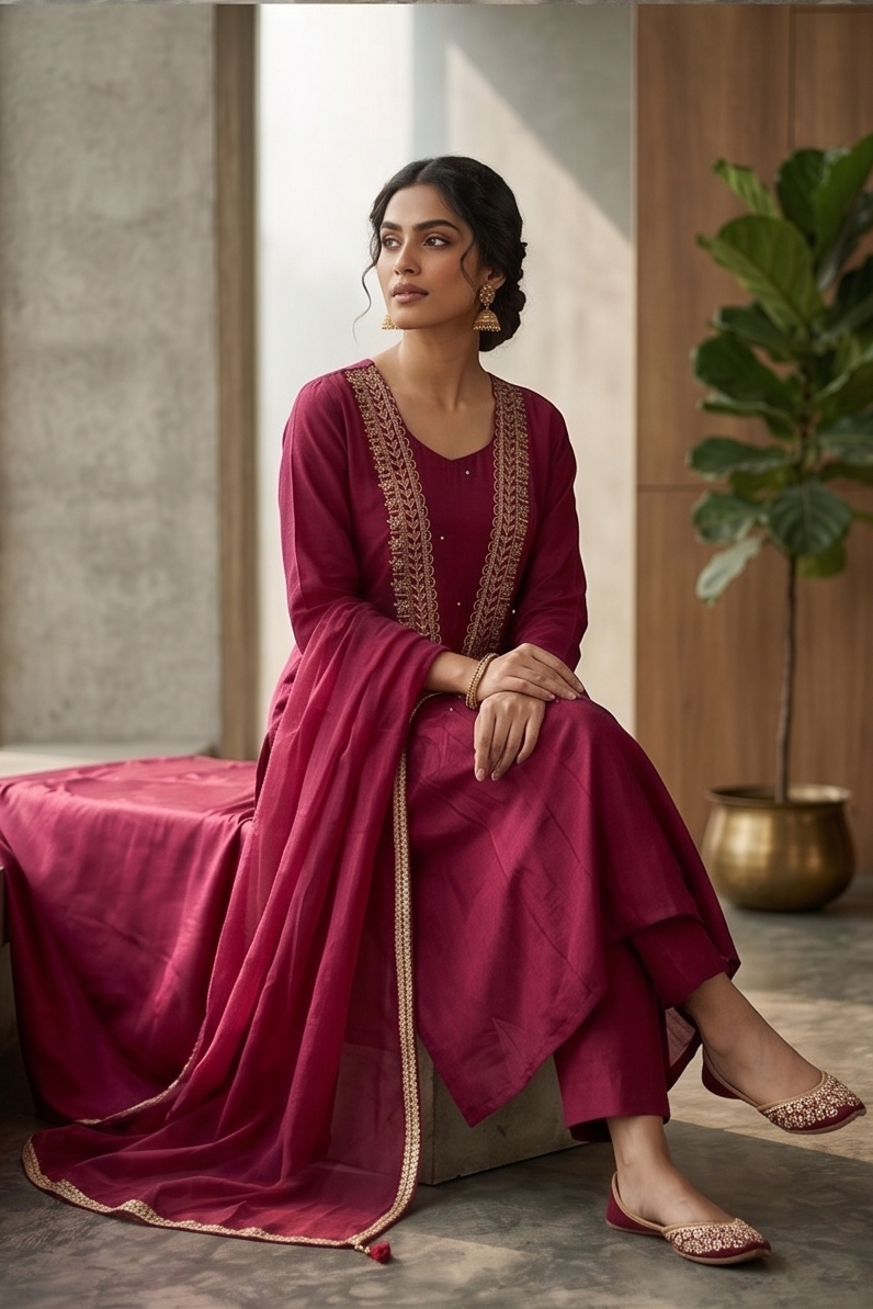 Mulberry Pink Mul Chanderi Silk Suit Set