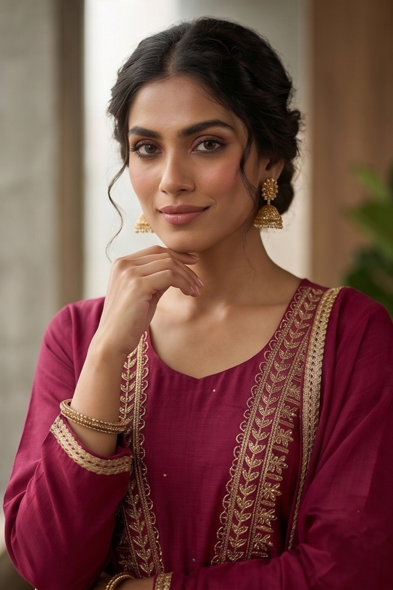 Mulberry Pink Mul Chanderi Silk Suit Set