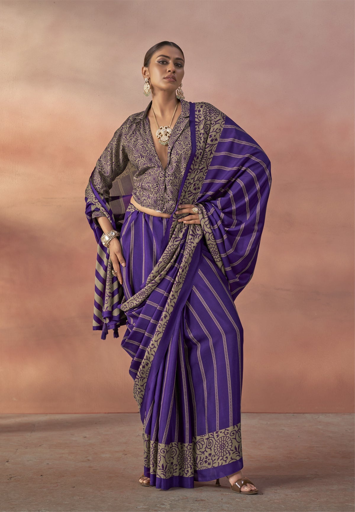Royal Violet Printed Crepe Silk Saree