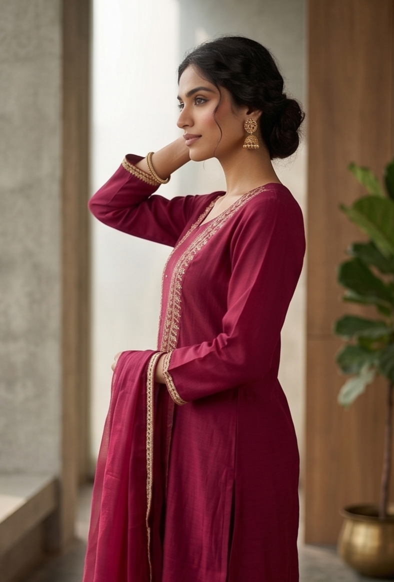 Mulberry Pink Mul Chanderi Silk Suit Set