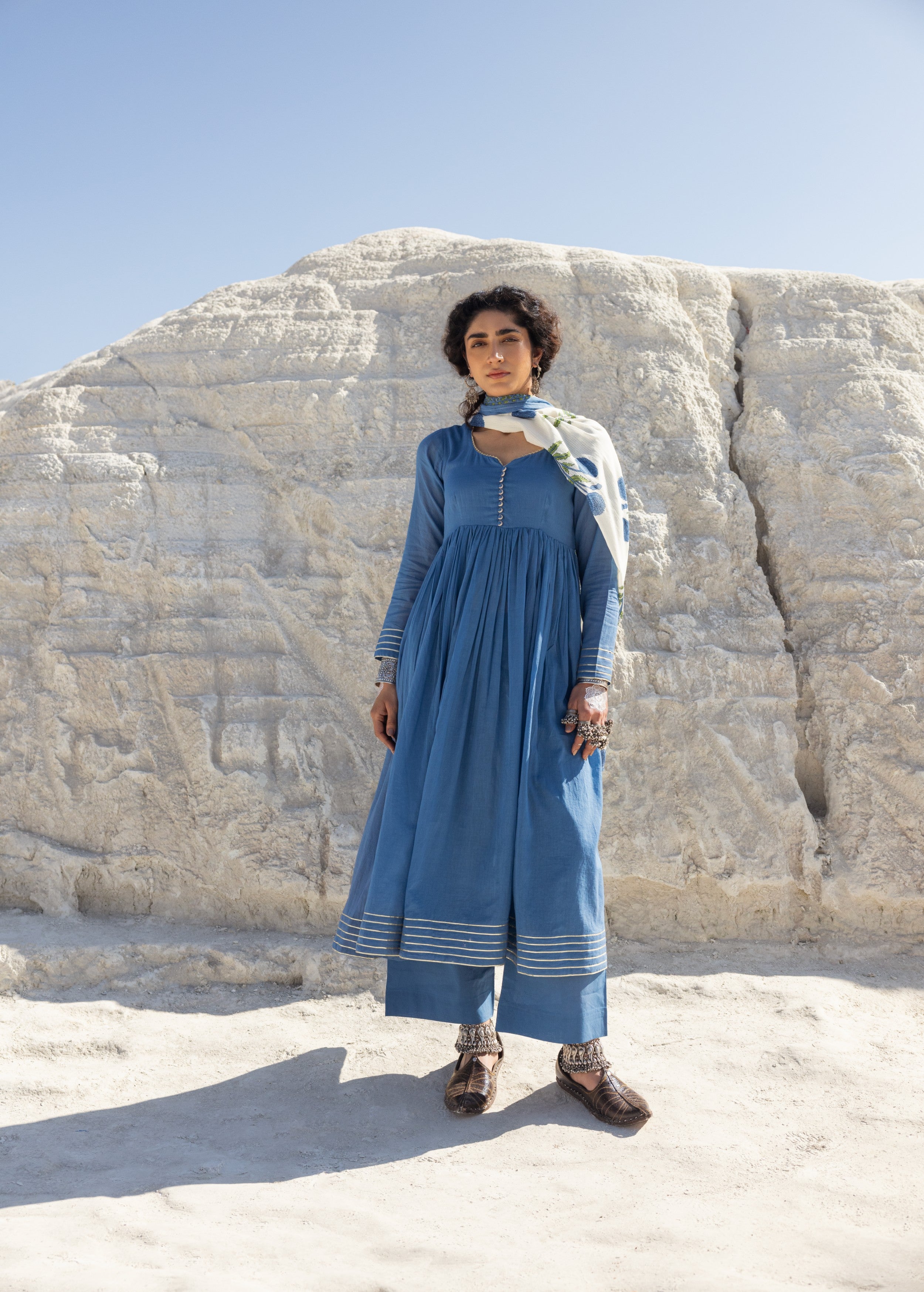 Dusty Blue Embellished Mul Cotton Anarkali Set