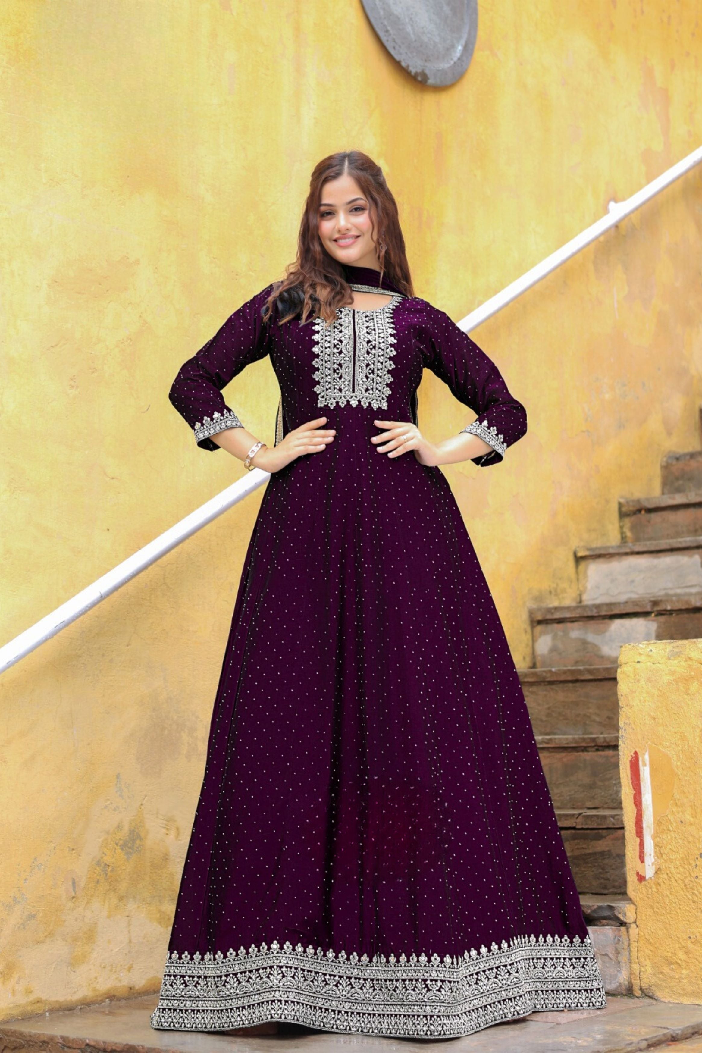 Deep Purple Embellished Premium Silk Anarkali Set