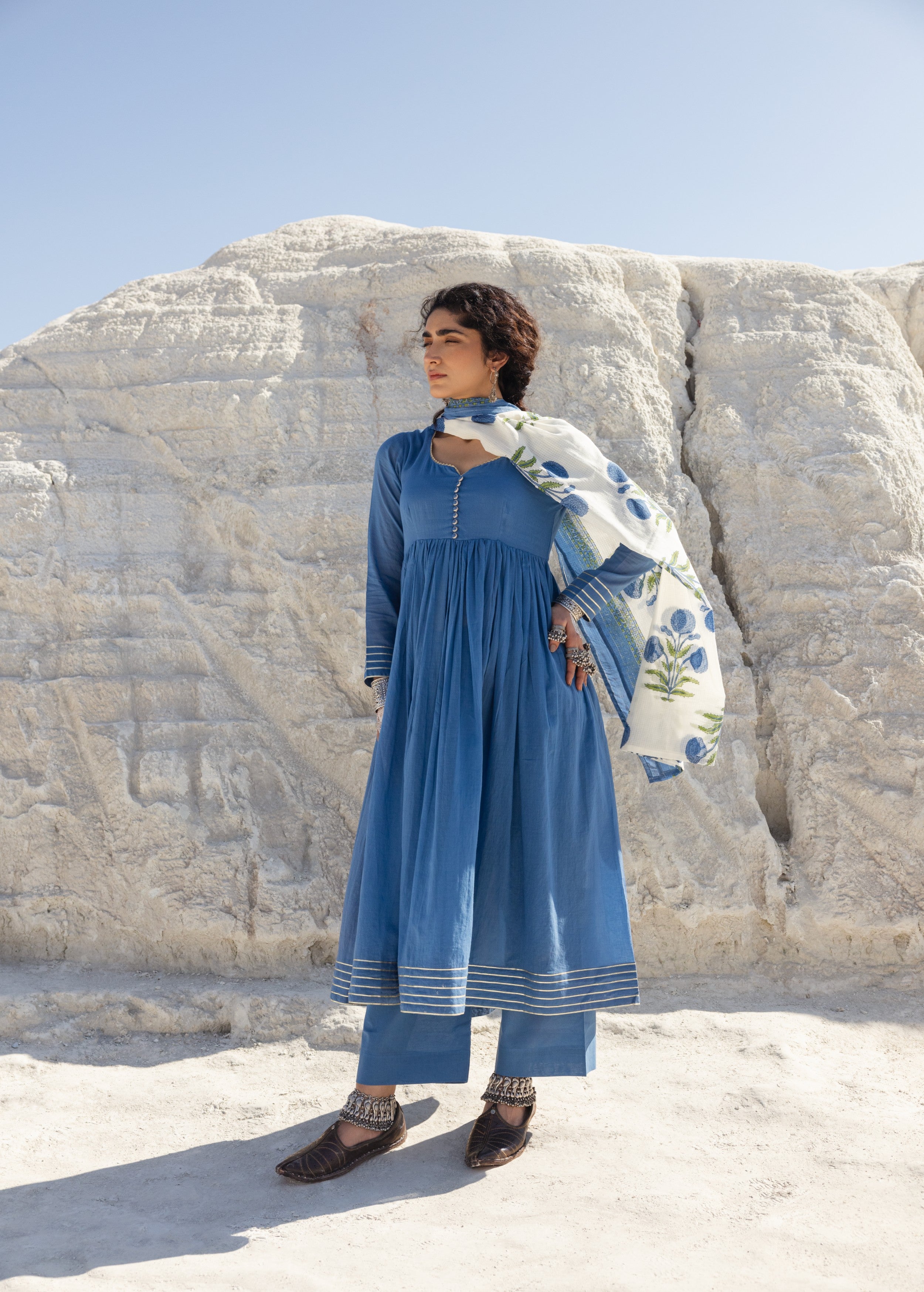 Dusty Blue Embellished Mul Cotton Anarkali Set