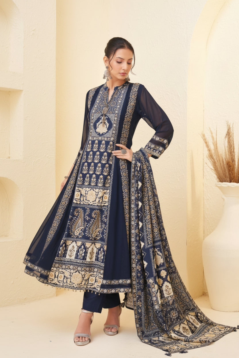 Aegean Blue Embellished Georgette Silk Anarkali Set