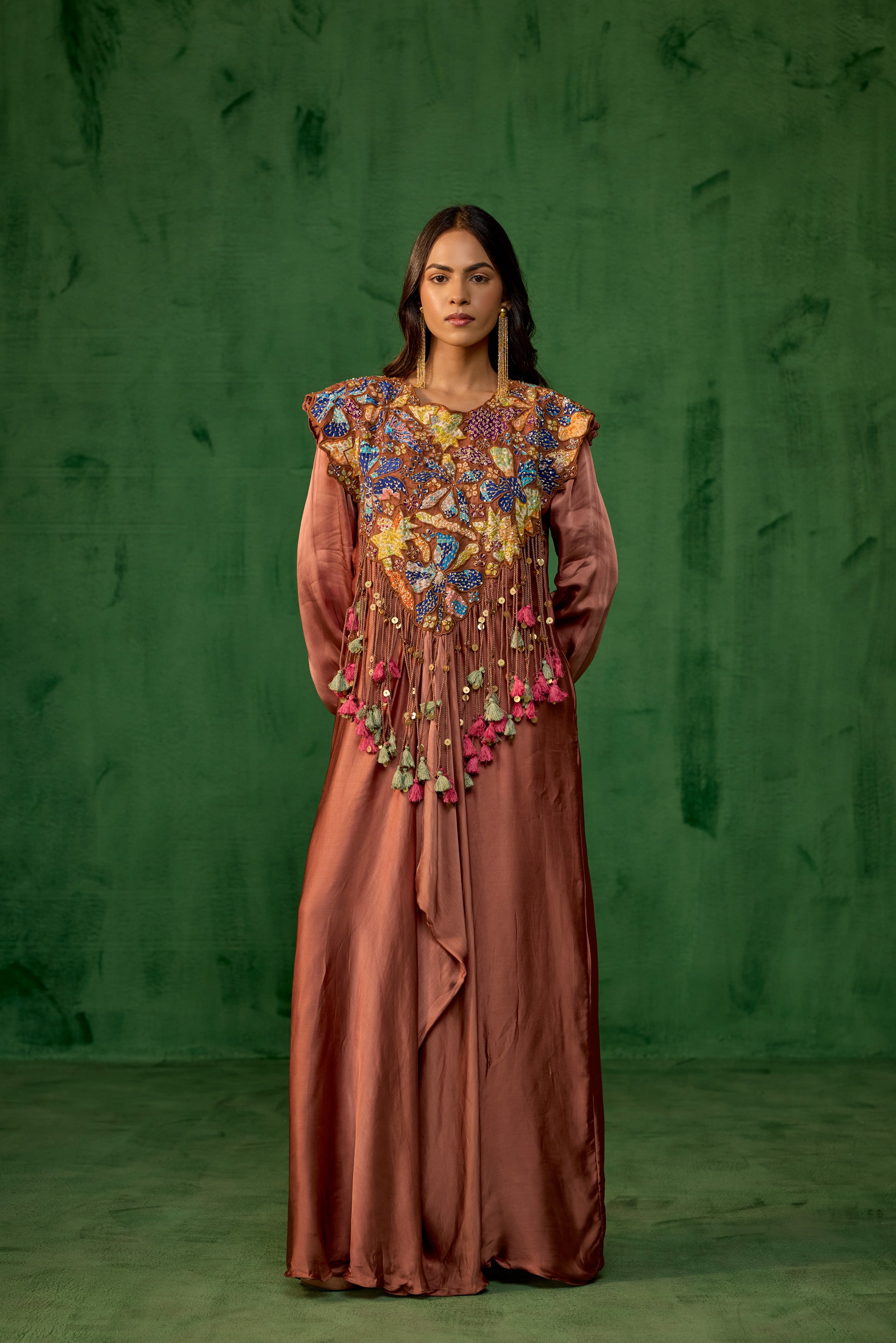 Rust Brown Embellished Satin Silk Gown