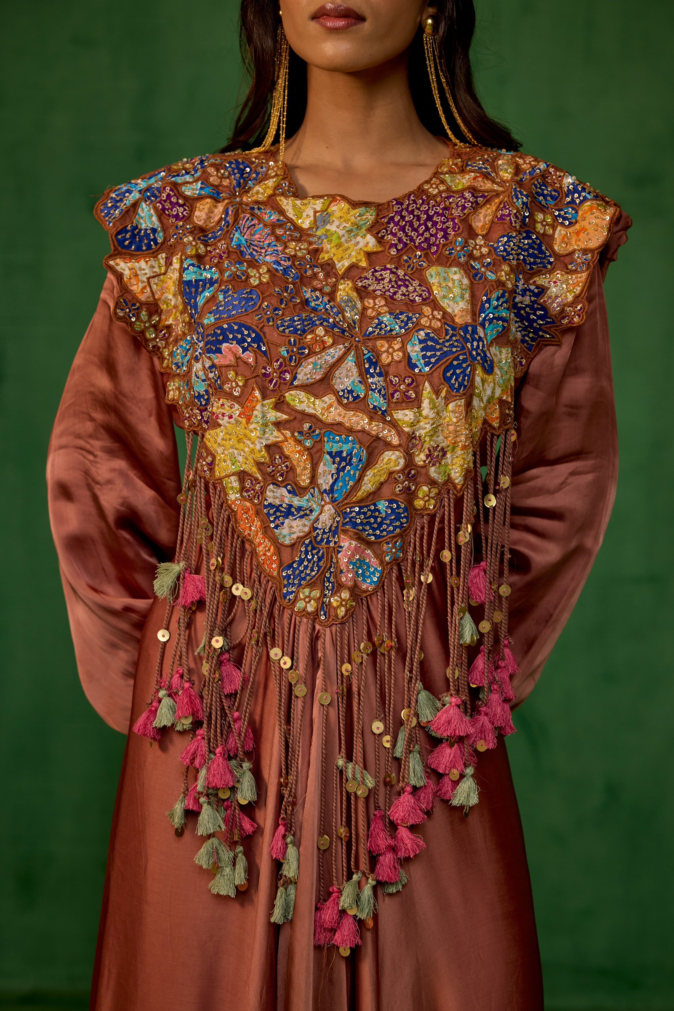 Rust Brown Embellished Satin Silk Gown