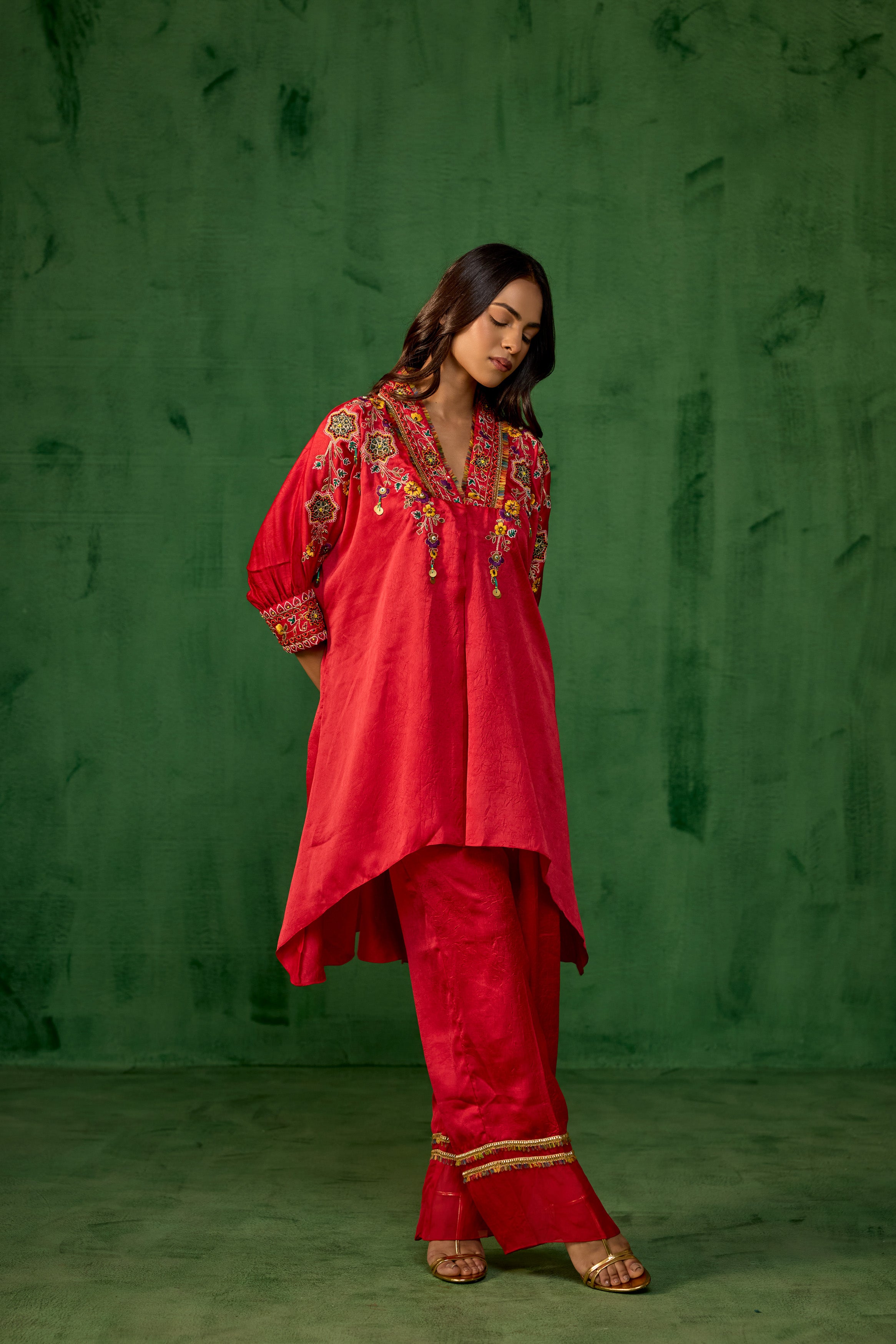 Premium Red Embroidered Crushed Silk Co-Ord Set