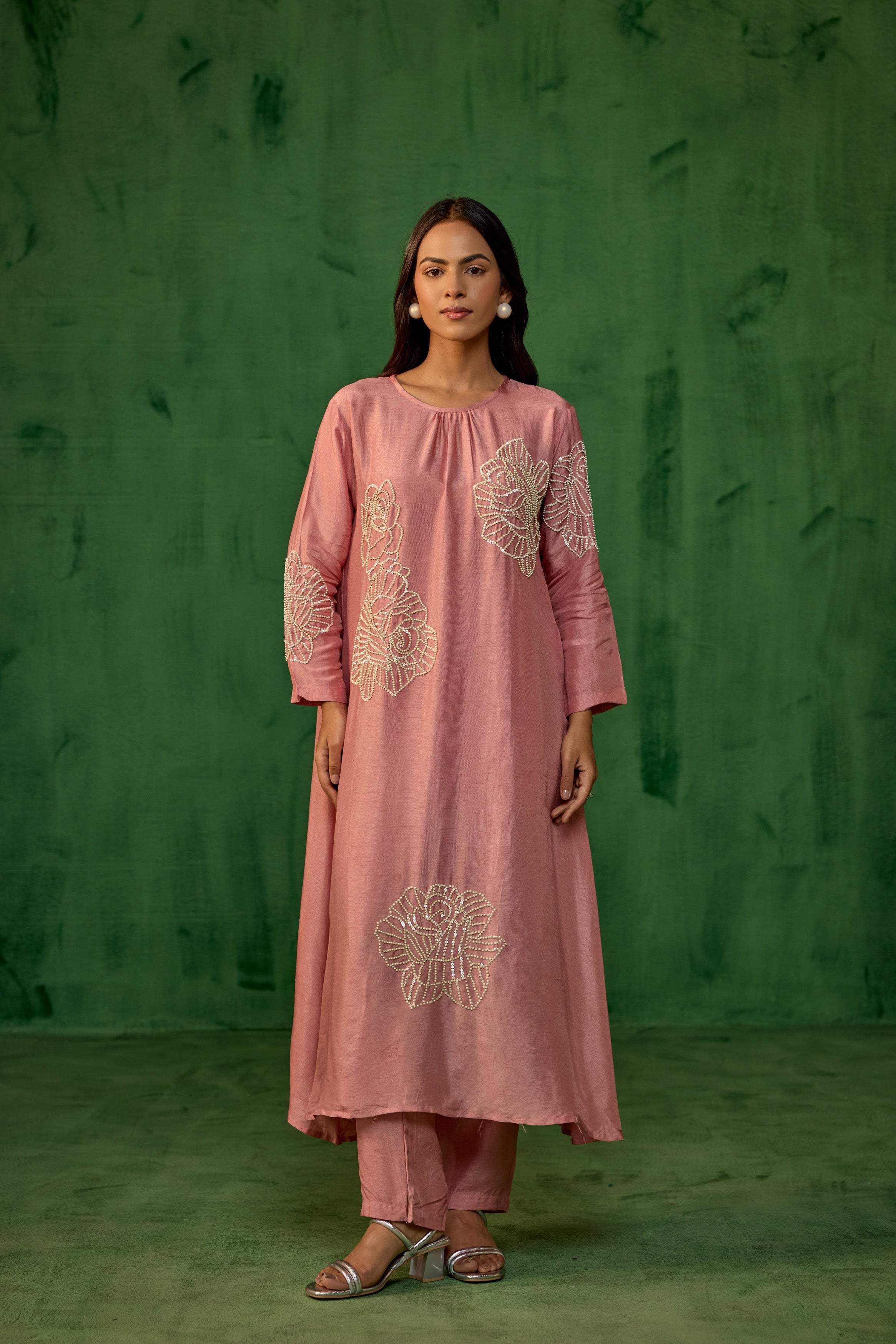 Dusty Rose Embellished Raw Silk Kurta Set